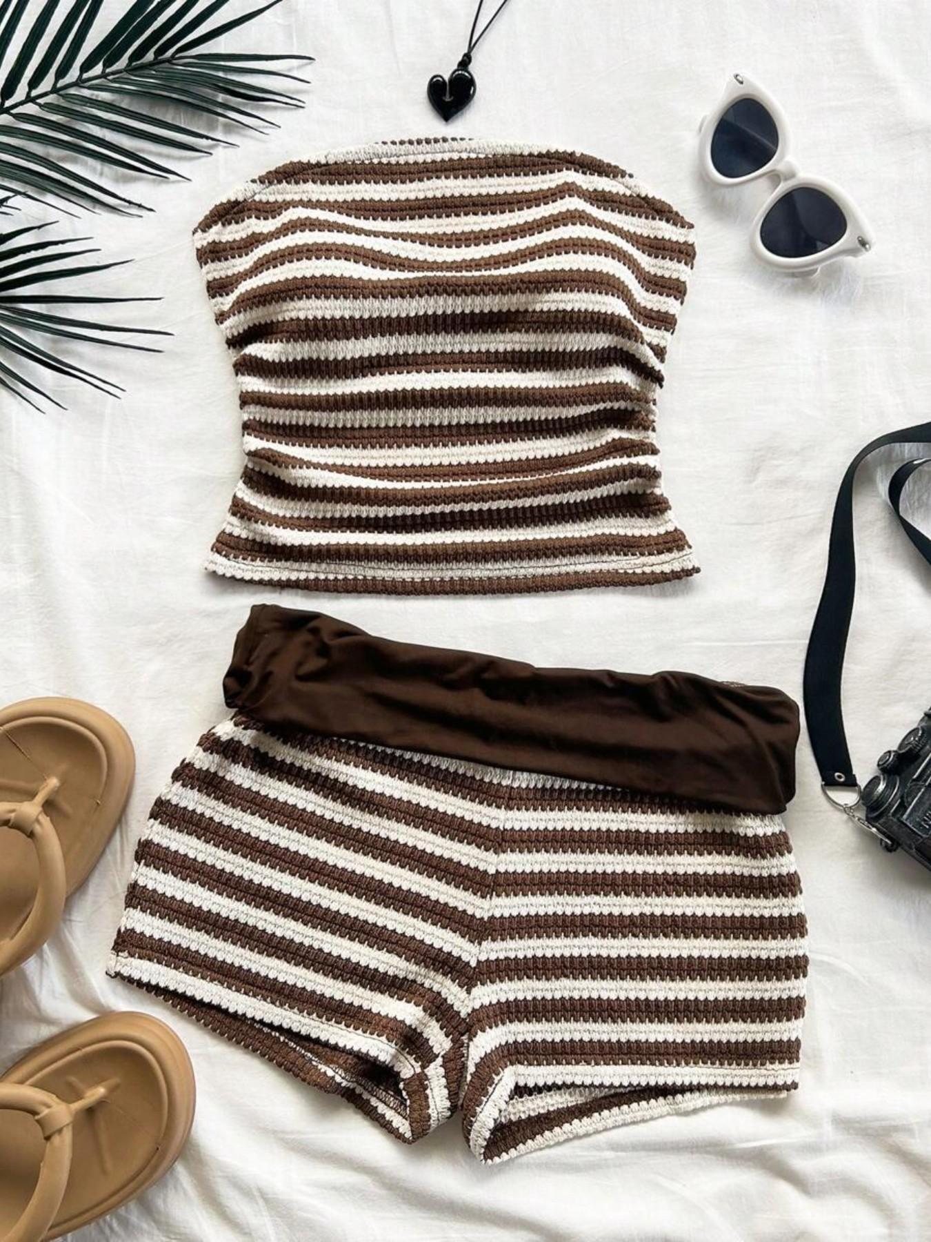 Summer 2-Piece Set: Colorblock Ruffle Bustier and Low Waist Shorts, Textured Knitwear, Perfect for Vacation and Summer