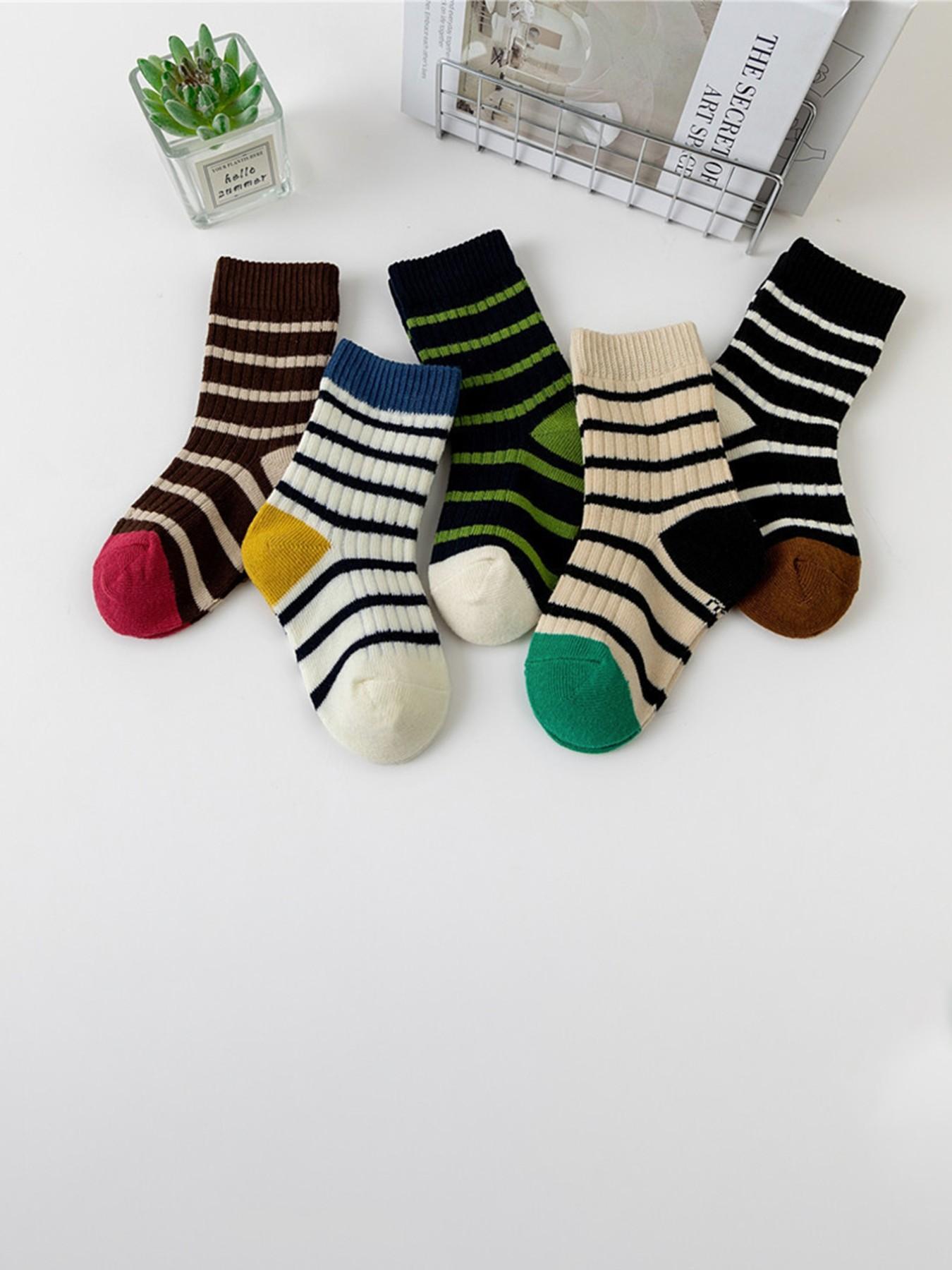 5 Pairs Kids Colorblock Striped Mid-Calf Socks, Comfortable Breathable Unisex Socks, Casual Sports Socks for Daily Wear