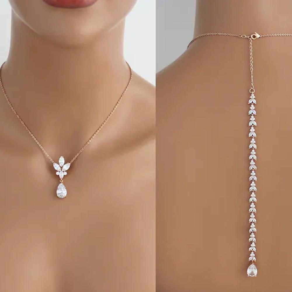 Bridal Back Drop Necklace, Crystal Back Chain for Wedding Dress, Rose Gold Plated Teardrop Pendant Back Necklace for Brides