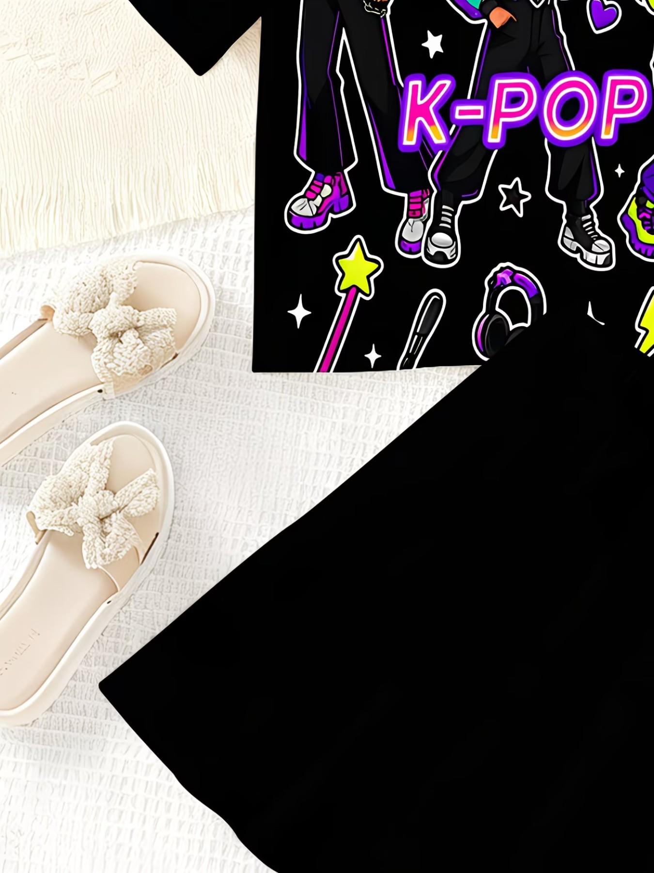 Girls' 3D Cartoon Print Top and Skirt Set, Casual Slim-Fitting Summer, Round Neck Short Sleeve, Daily Wear