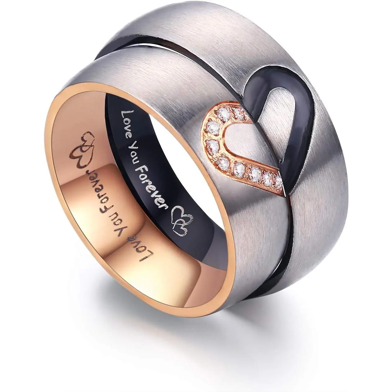 LAVUMO Matching Promise Rings for Couples Love You Forever Wedding Bands Sets for Him and Her Half Heart Rings Stainless Steel 6mm with Box Comfort Fit