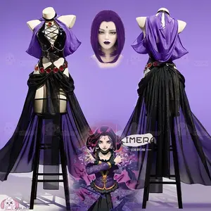 Teen Raven Titans Cosplay Costume Doujin Purple Dancer Dress Witch Night Banquet Women Hooded PU Leather Halloween Outfit Wig
