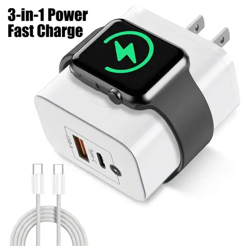 3‑in‑1 Travel Charger Block with Cable, Portable Wall Charger Set, USB Power Adapter, PD 23W Fast Charging, Compatible with iPhone, Apple Watch Series, Samsung, Android