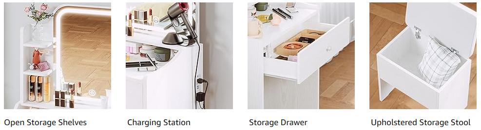 LIKIMIO Small Makeup Vanity Desk with Mirror and Lights, Vanity Table Set with Storage Drawer, Chair and Three Shelves, Bedroom LIKIMIO Small Makeup Vanity Desk with Mirror and Lights, Vanity Table Set with Storage Drawer, Chair and Three Shelves, Bedroom