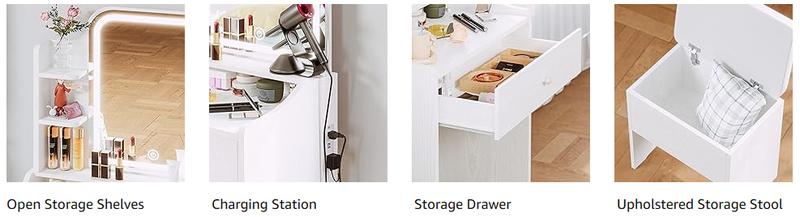 LIKIMIO Small Makeup Vanity Desk with Mirror and Lights, Vanity Table Set with Storage Drawer, Chair and Three Shelves, Bedroom