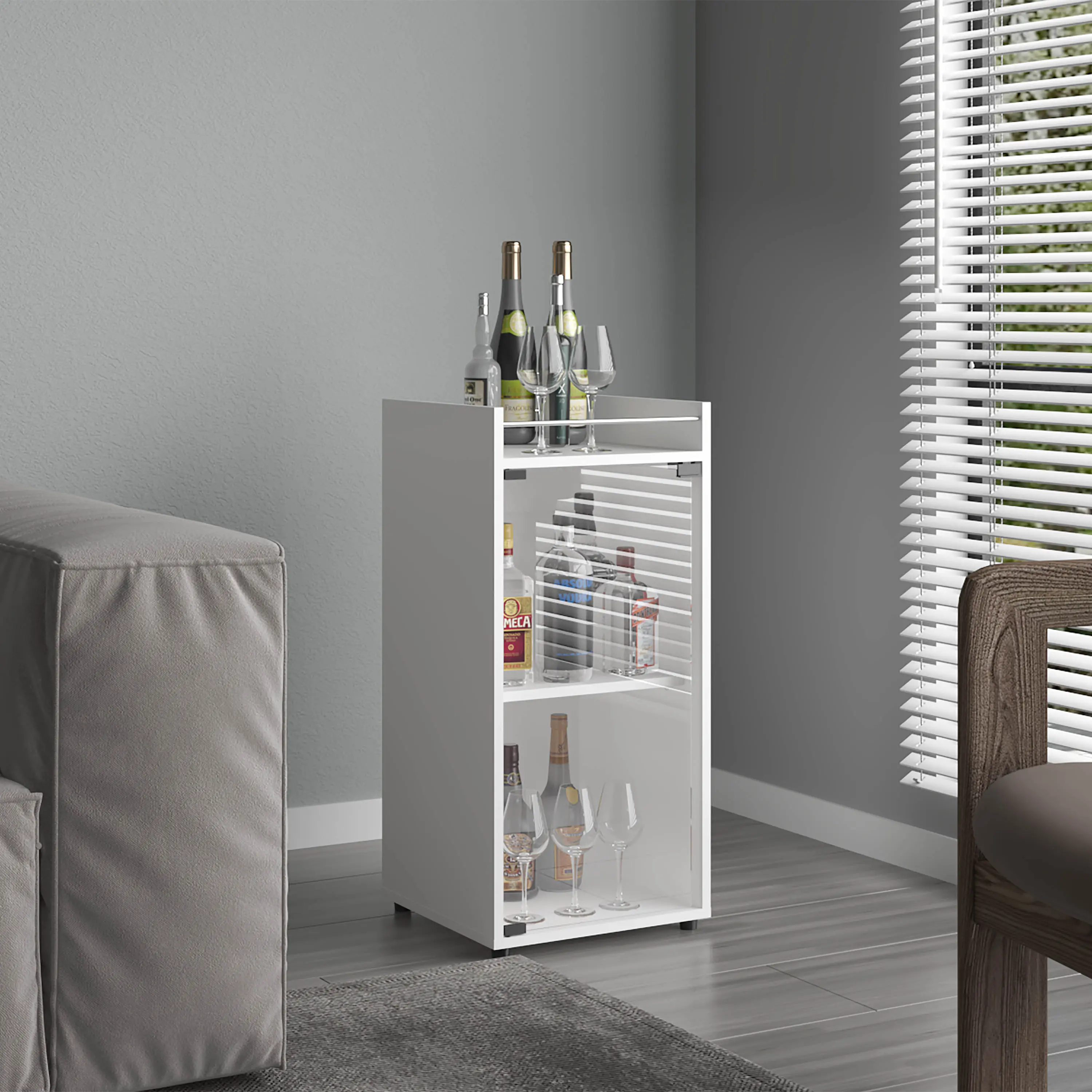 Nokaa Engineered Wood Bar Cabinet with Glass Door, 3 Shelves, White Easy-Install Home Bar Furniture for Bottle, Glassware & Accessory Storage, Space-Saving for Small Living Areas, Smooth Decor/Serving Top, Ready-to-Assemble