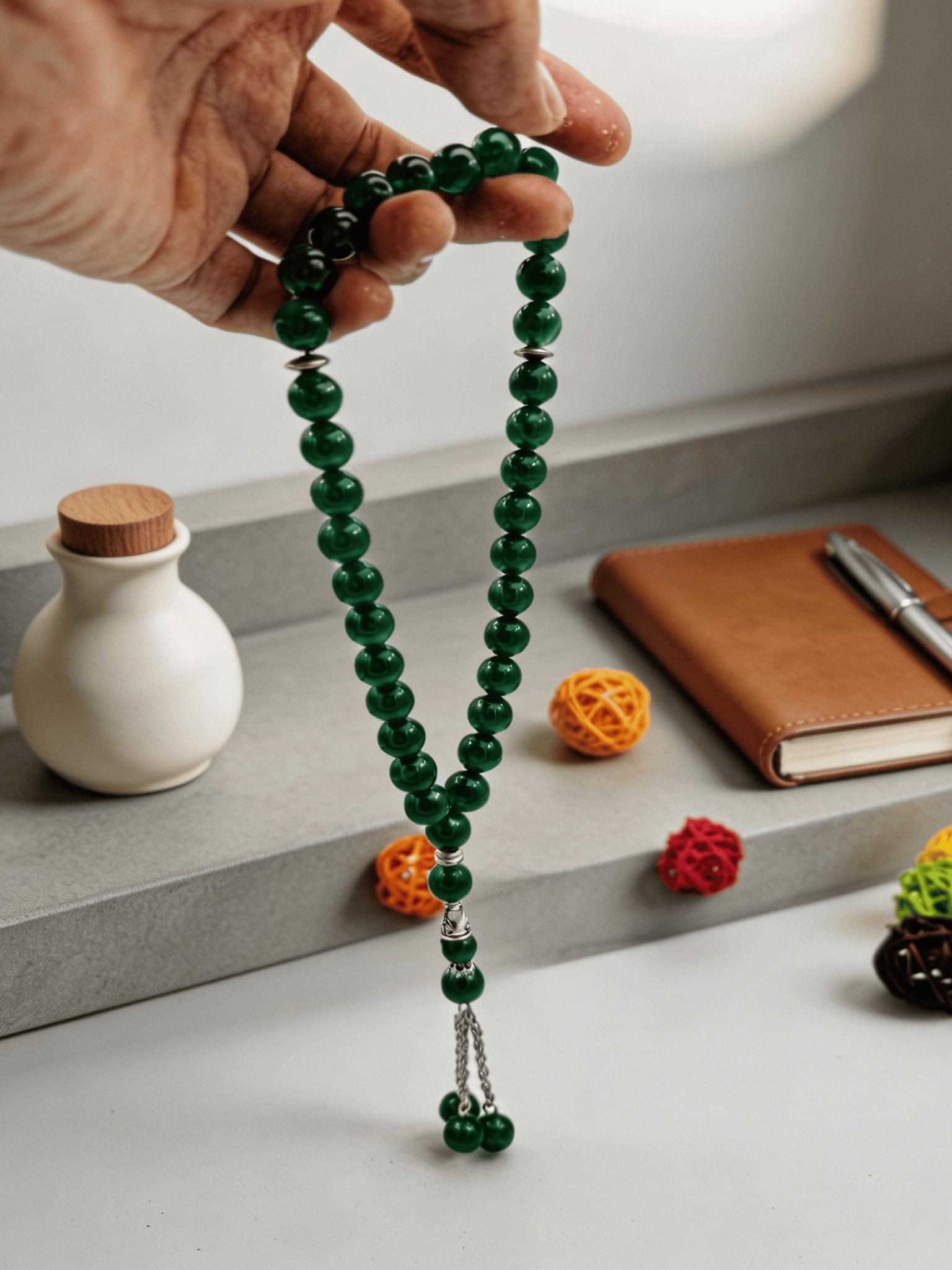 Authentic Agate Tasbih, Handcrafted Islamic Prayer Beads, Striped Design, Metal Chain, All-Season Accessory, 1pc