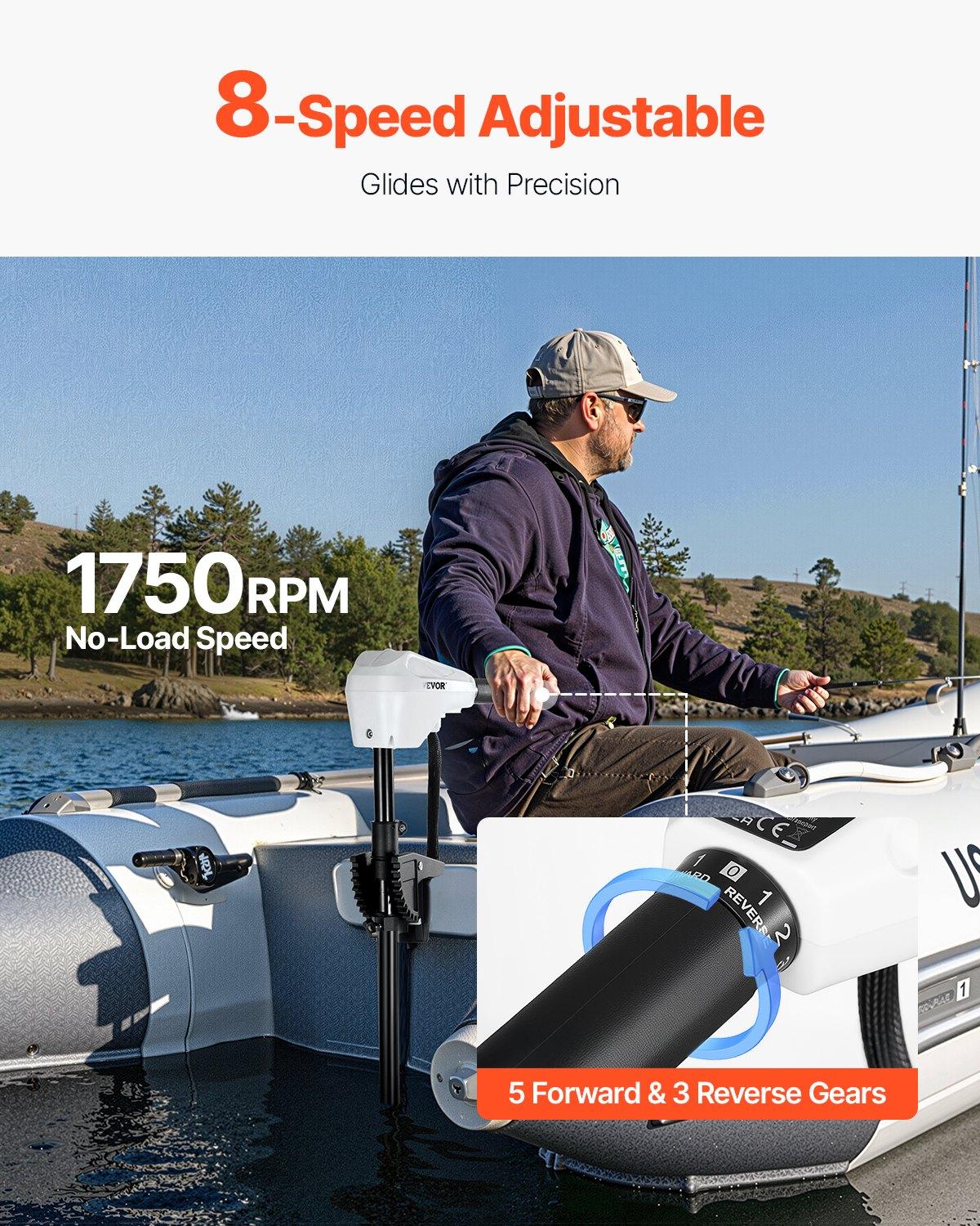 VEVOR Electric Trolling Motor, Transom Mounted Outboard Boat Motors 12V 55lbs Thrust, 8-Speed Electric Boat Engine w/ Battery Indicator, for Kayaks, Fishing Boats on Freshwater/Saltwater, 30-In Shaft