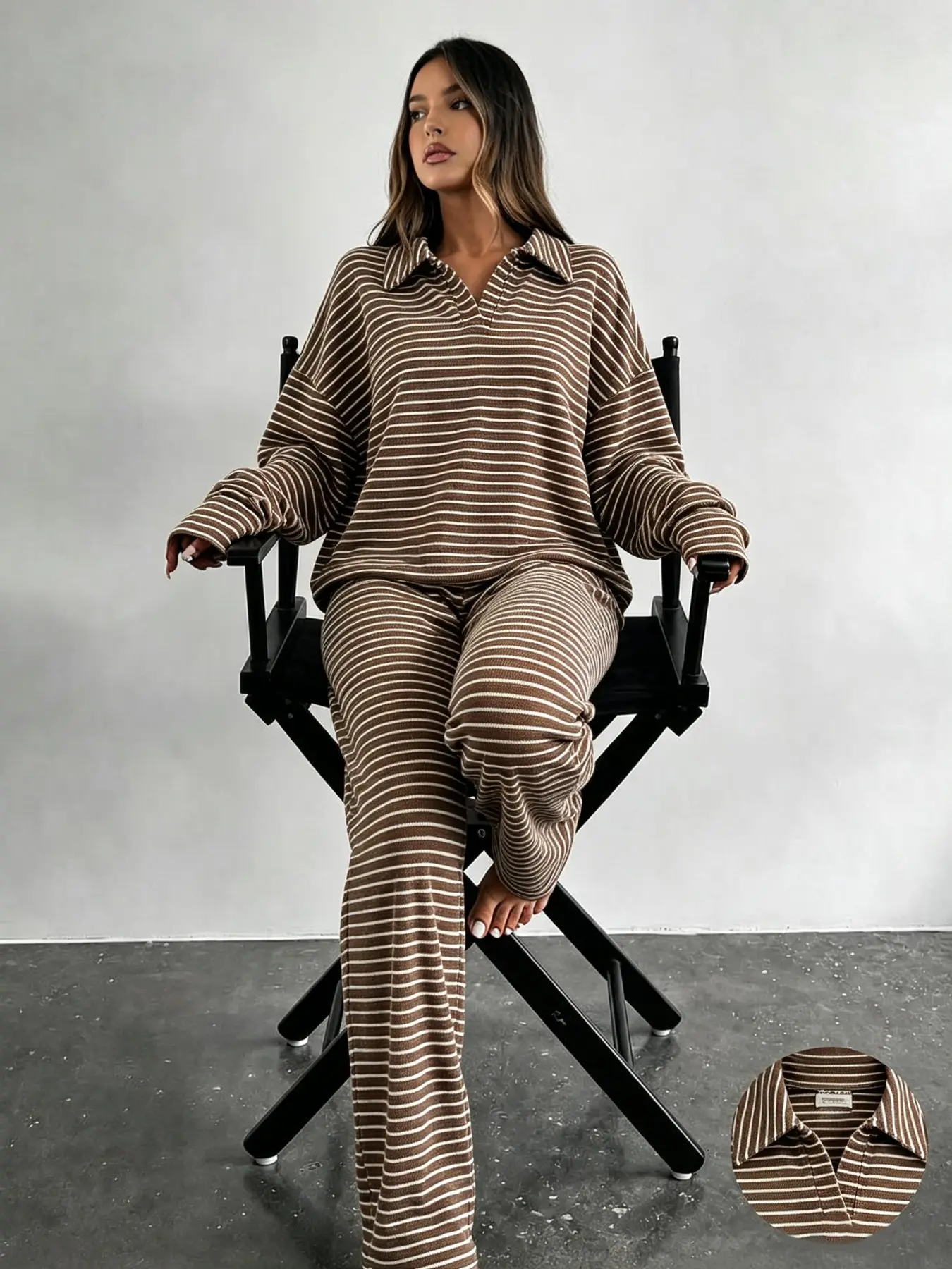 Women's Fall Winter Casual Striped Two-Piece Matching Set, Long Sleeve Tee & Pants, Fitted Regular Length, Moderate Fabric Thickness, Clothes