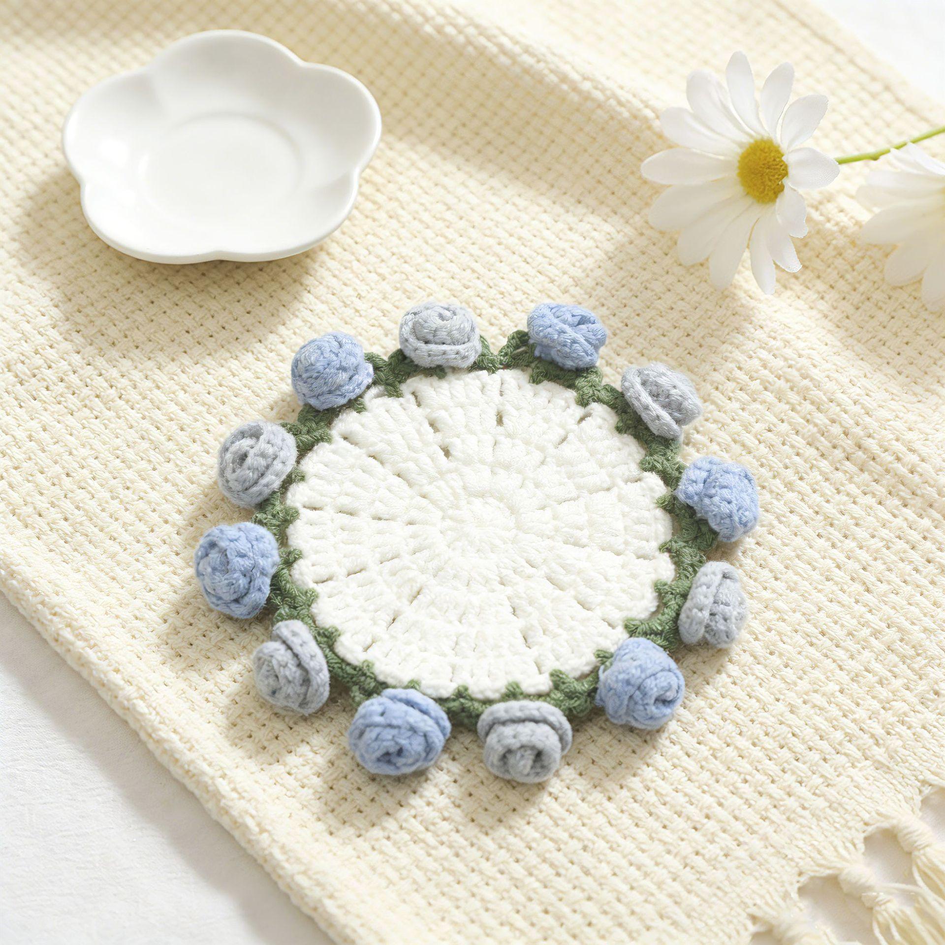 Handmade rose bouquet coasters, yarn crocheted cup holders transformed into handheld bouquets