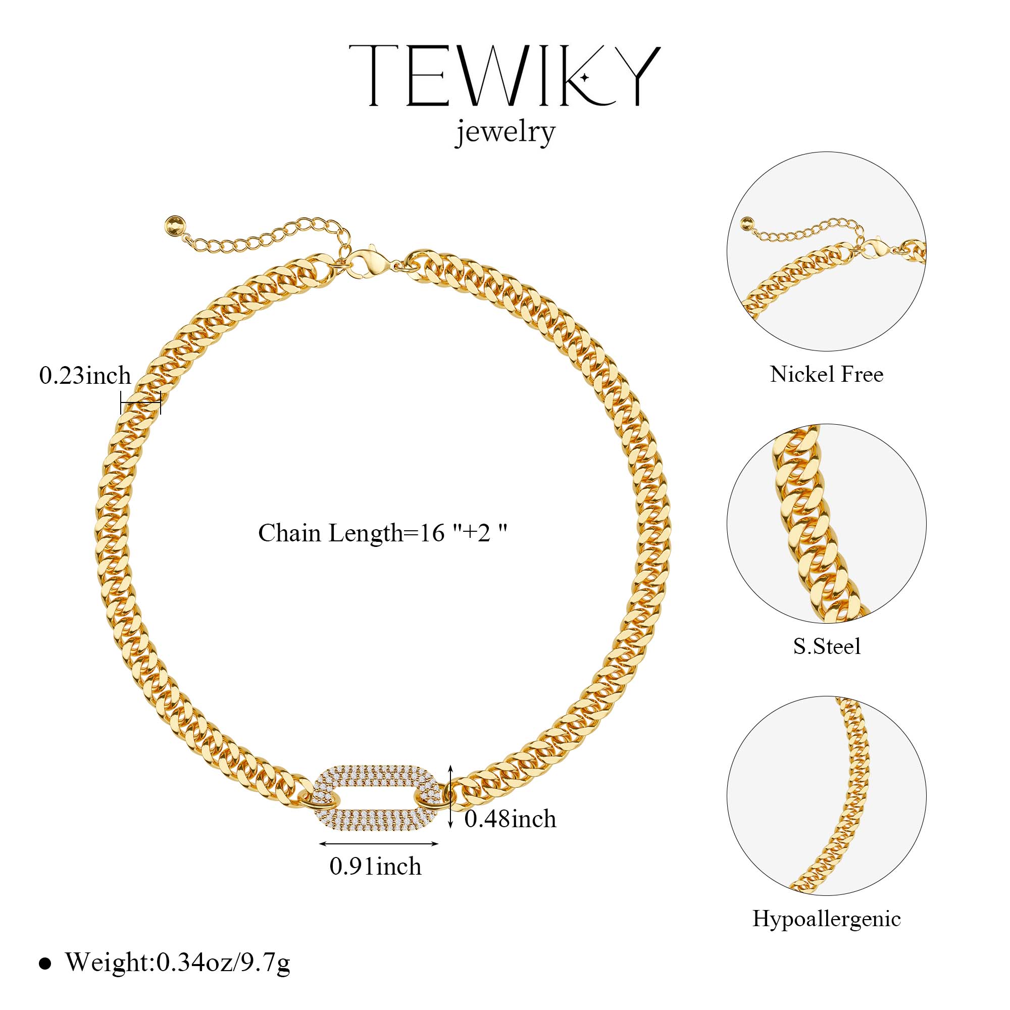 Tewiky Choker Cuban Link Chain Necklace with Zircon Clasp for Men Women，Trendy Cuban Necklace For Women Gift 16 Inch Back To School
