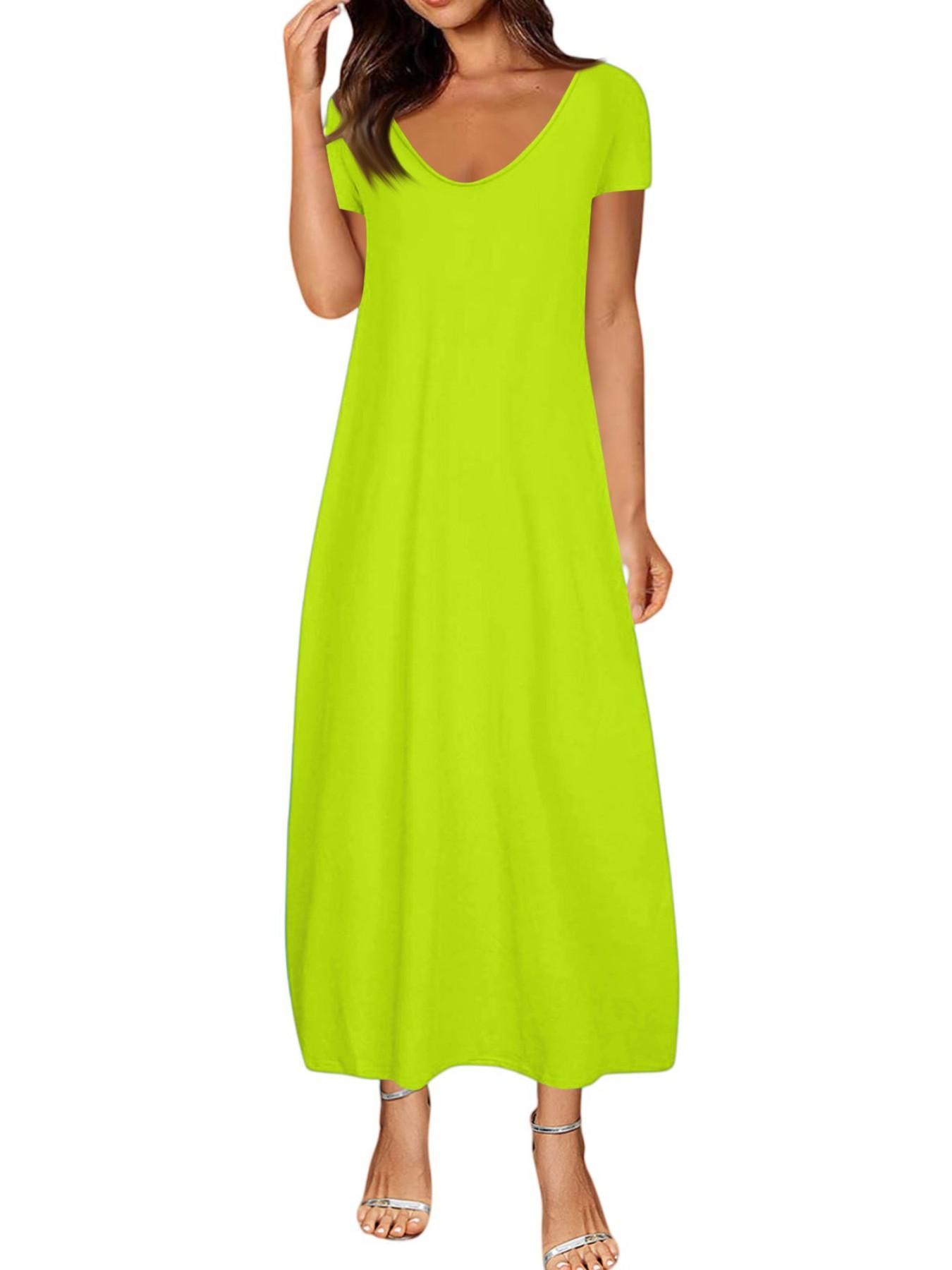 Women's Long Dress 2026, Coffee Color Everyday Casual Round Neck Short Sleeve Pockets Sleepwear, Soft Comfortable All-Season Dress