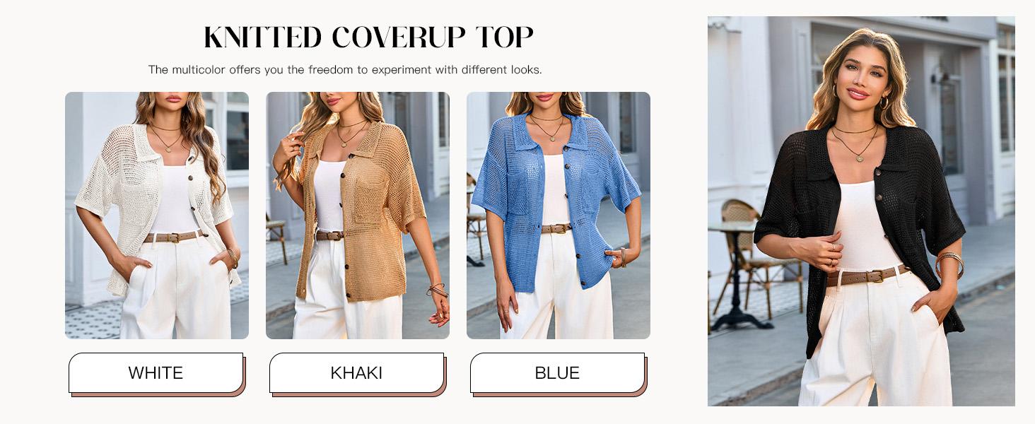 FISOEW Womens Crochet Lightweight Cardigan Sweaters Short Sleeve Summer Button Down Collared Loose Cover Up Shirts Tops Jeans