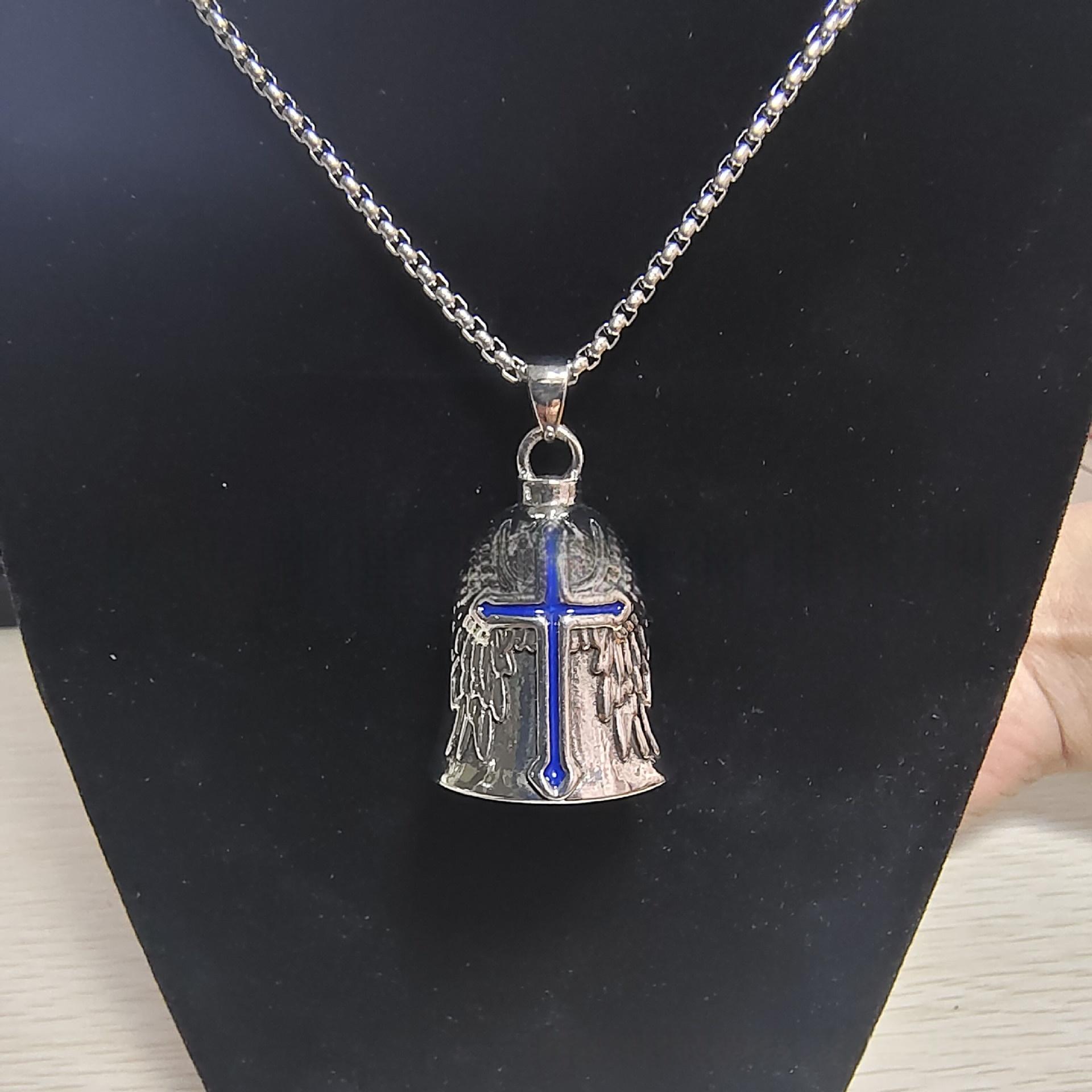 Punk Retro Men's Motorcycle Style Angel Necklace, Bell Drop Cross Pendant, Feather Wings Design, Vintage Fashion Jewelry