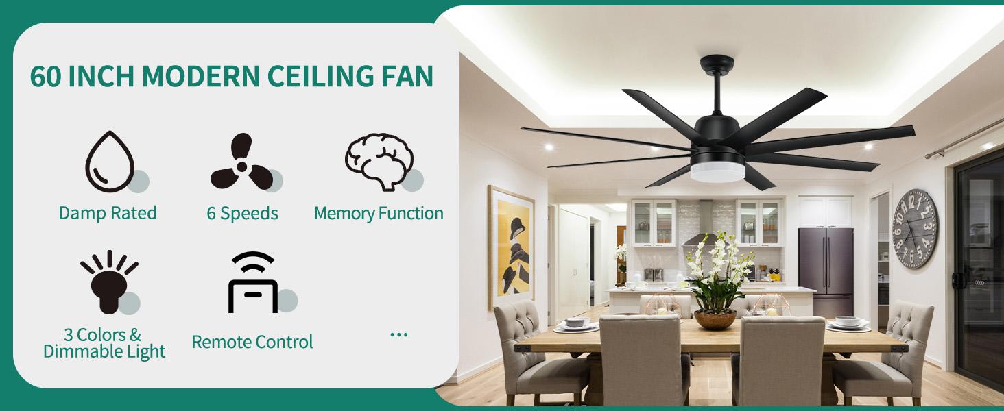 YITAHOME Black Ceiling Fans 60 Inch with Lights and Remote, Modern Fan for Indoor Outdoor with Quiet Reversible 6 Speeds Motor, Dimmable LED 3 Color, Memory Function for Bedroom Living Room Patio