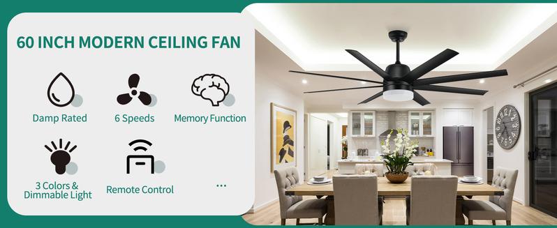 YITAHOME Black Ceiling Fans 60 Inch with Lights and Remote, Modern Fan for Indoor Outdoor with Quiet Reversible 6 Speeds Motor, Dimmable LED 3 Color, Memory Function for Bedroom Living Room Patio