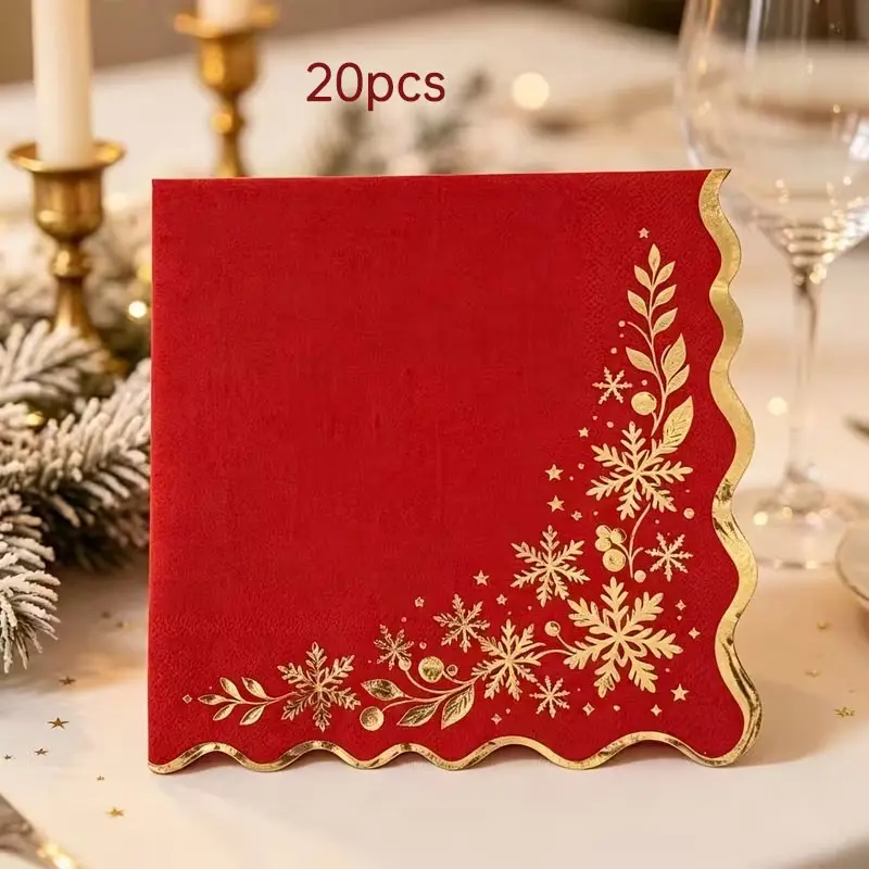 20pcs Base Gold Foil Snowflake Wavy Edge Napkins, Home Decor, Party Supplies, Elegant Table Setting Accessories