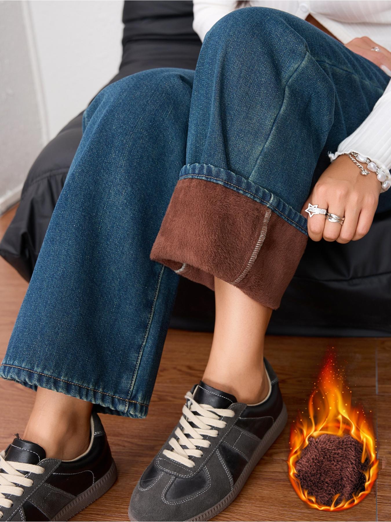 Women's Vintage Fashion Fleece-Lined Thickened Winter Warm Wide Leg Straight Jeans Pants, Elegant Plain Style for Fall & Winter