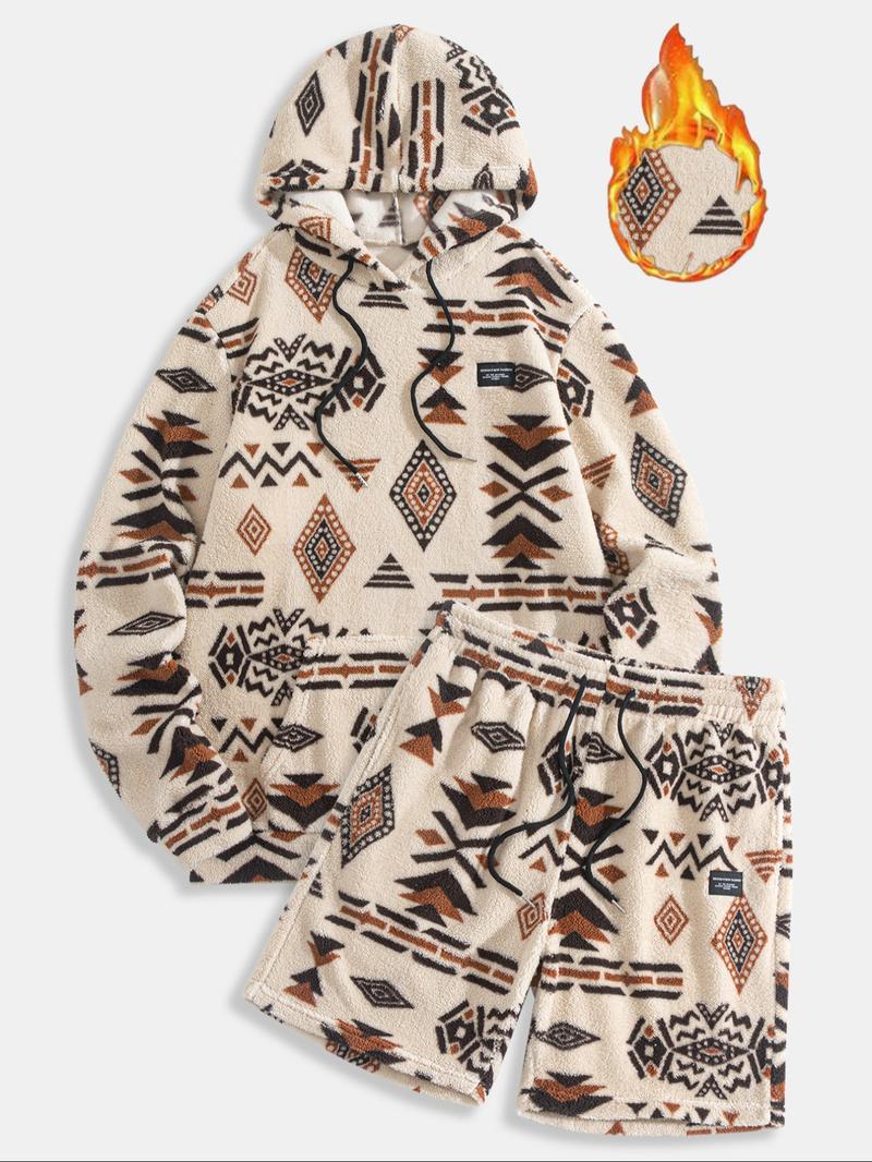 Men's Thermal Hoodie & Drawstring Waist Short Set, Hooded Sweatshirt Set, Casual Fashion Cozy Breathable Two-piece Outfits for Daily Outdoor Wear, Men Clothes for Spring & Fall