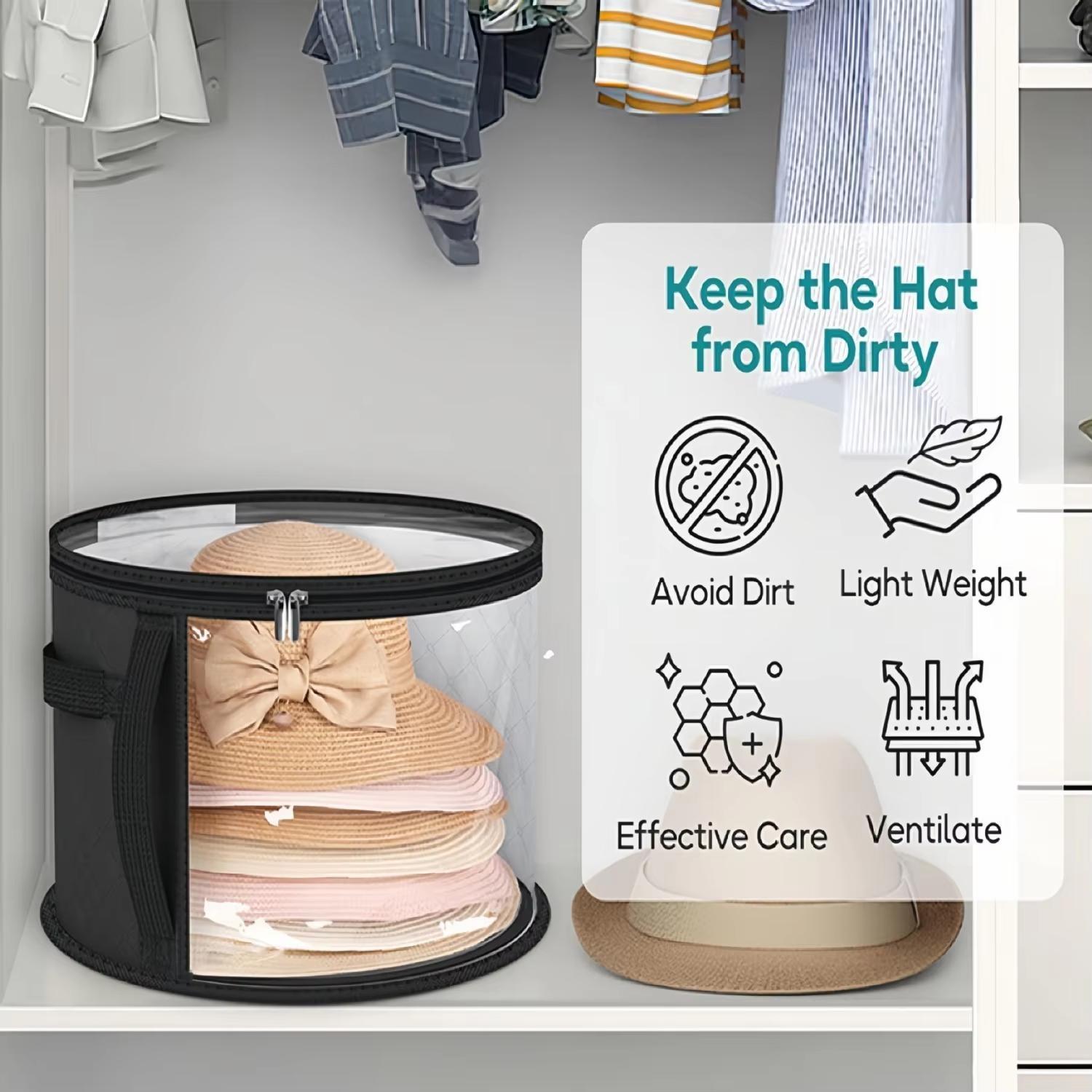 Foldable Hat Storage Bucket, Travel Organizer with Handle and Transparent Window, Round Collapsible Cap Holder for Clothes Organization