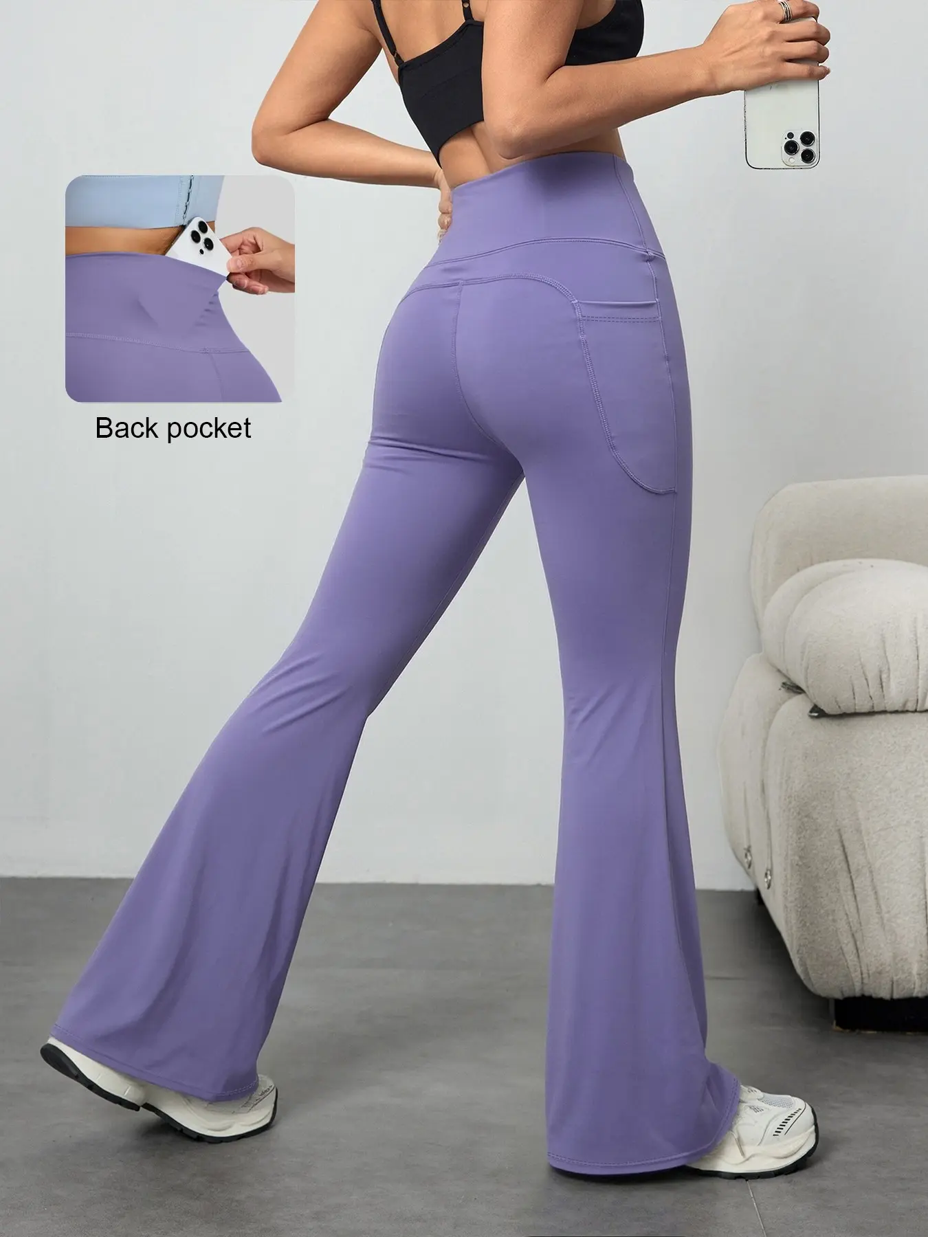 High-Waisted Micro Flare Yoga Pants for Women, with Back Pockets for Phone, Stretchy Bell Bottoms, Shaping Slimming Fitness Workout Long Pants