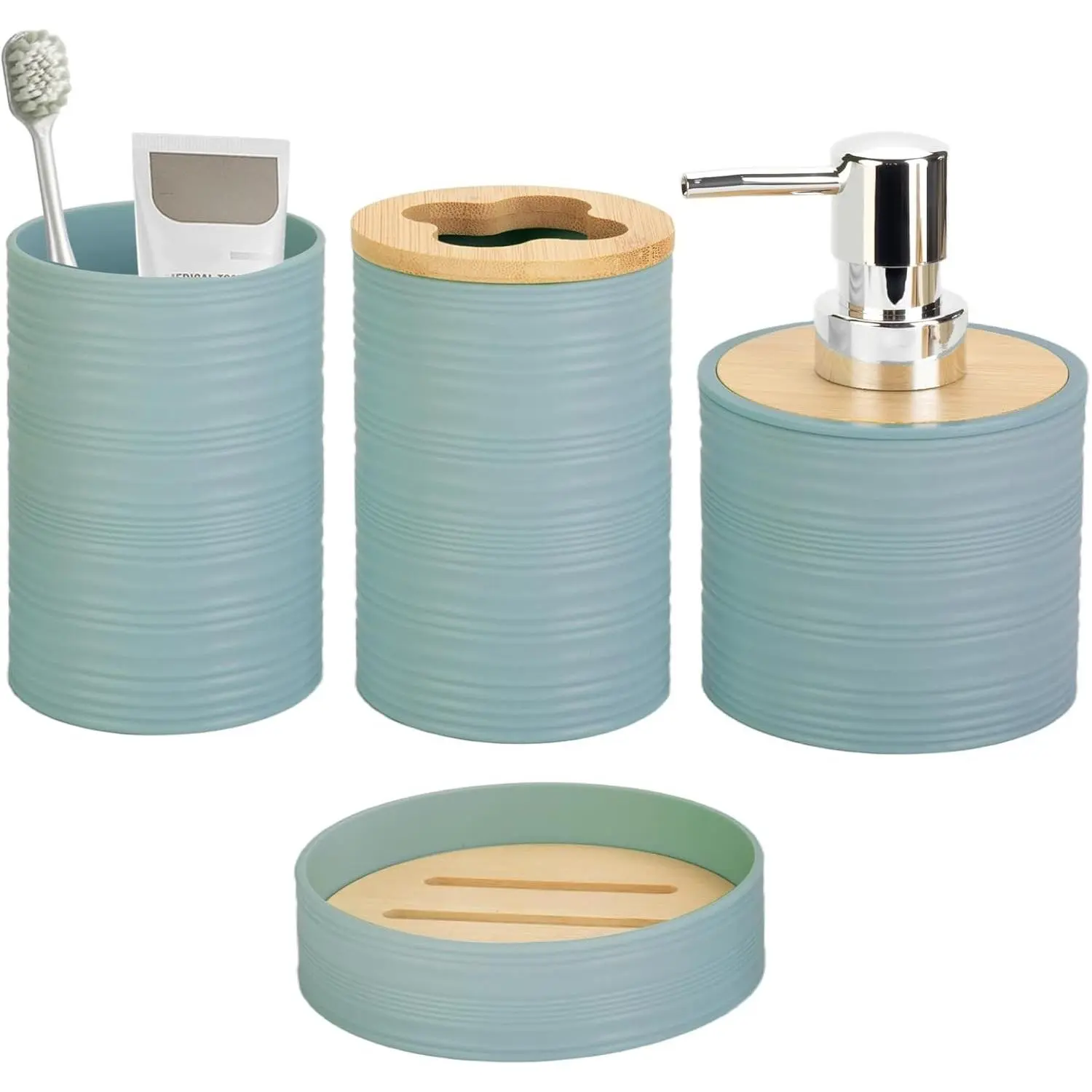 4 Piece Bamboo Bathroom Accessories Set, Boho Bathroom Decor, Aqua | Bathroom Accessory Set with Soap Dispenser and Toothbrush Holder, Soap Dish, Toothbrush Cup