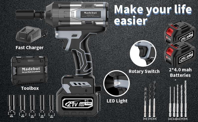 1000N.m Cordless Impact Wrench, All-Metal Cordless Impact Gun with 2 * 4.0Mah, 3-IN-1 Electric Impact Wrench with 5 Sleeves, High Torque 1/2 Impact Wrench 1000N.m Cordless Impact Wrench, All-Metal Cordless Impact Gun with 2 * 4.0Mah, 3-IN-1 Electric Impact Wrench with 5 Sleeves, High Torque 1/2 Impact Wrench