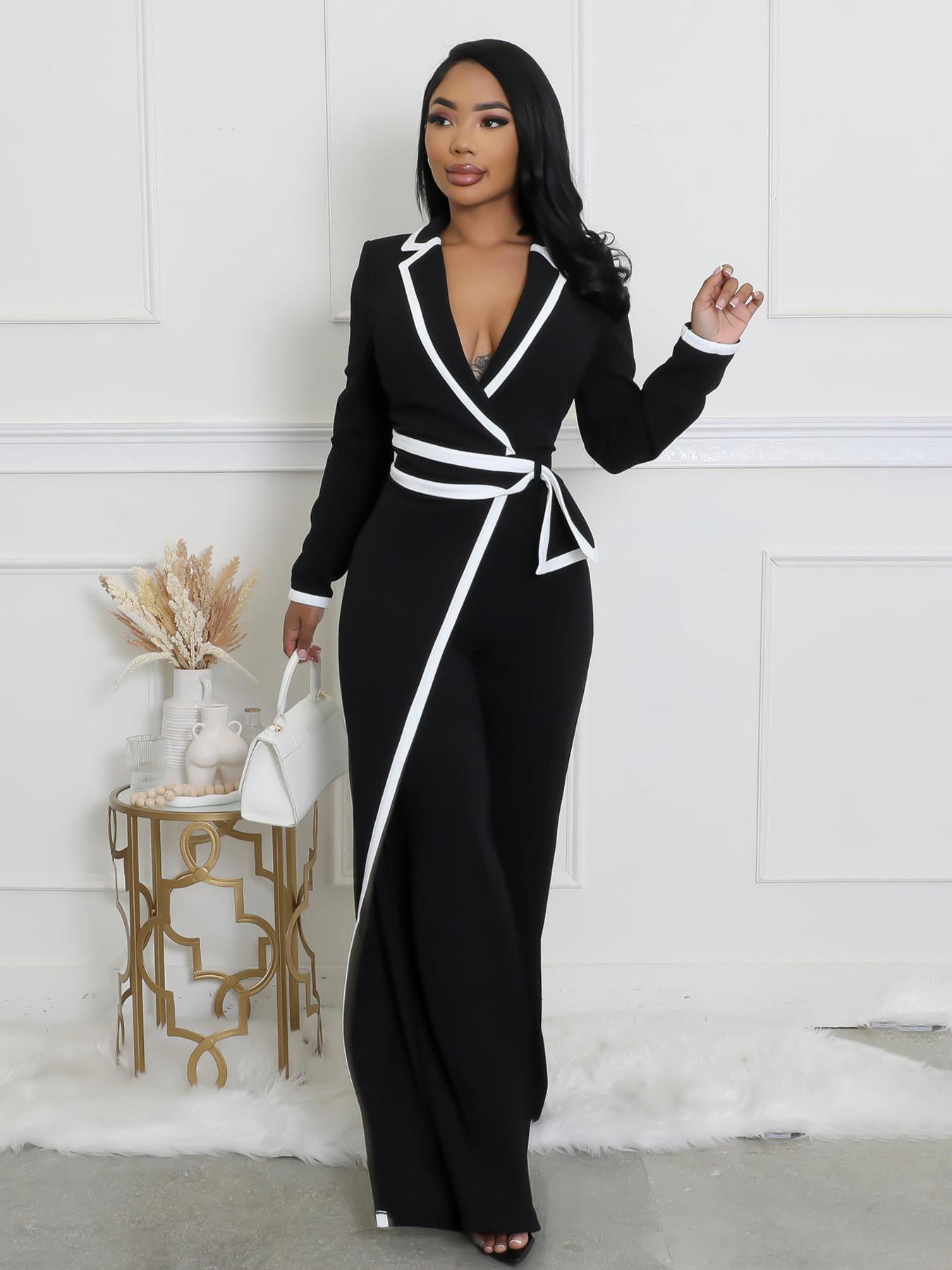 Elegant Women's Long Sleeve Jumpsuit, Belted Waist Design, Colorblock Patchwork, Fall & Winter Fashion, Office Wear, Womenswear