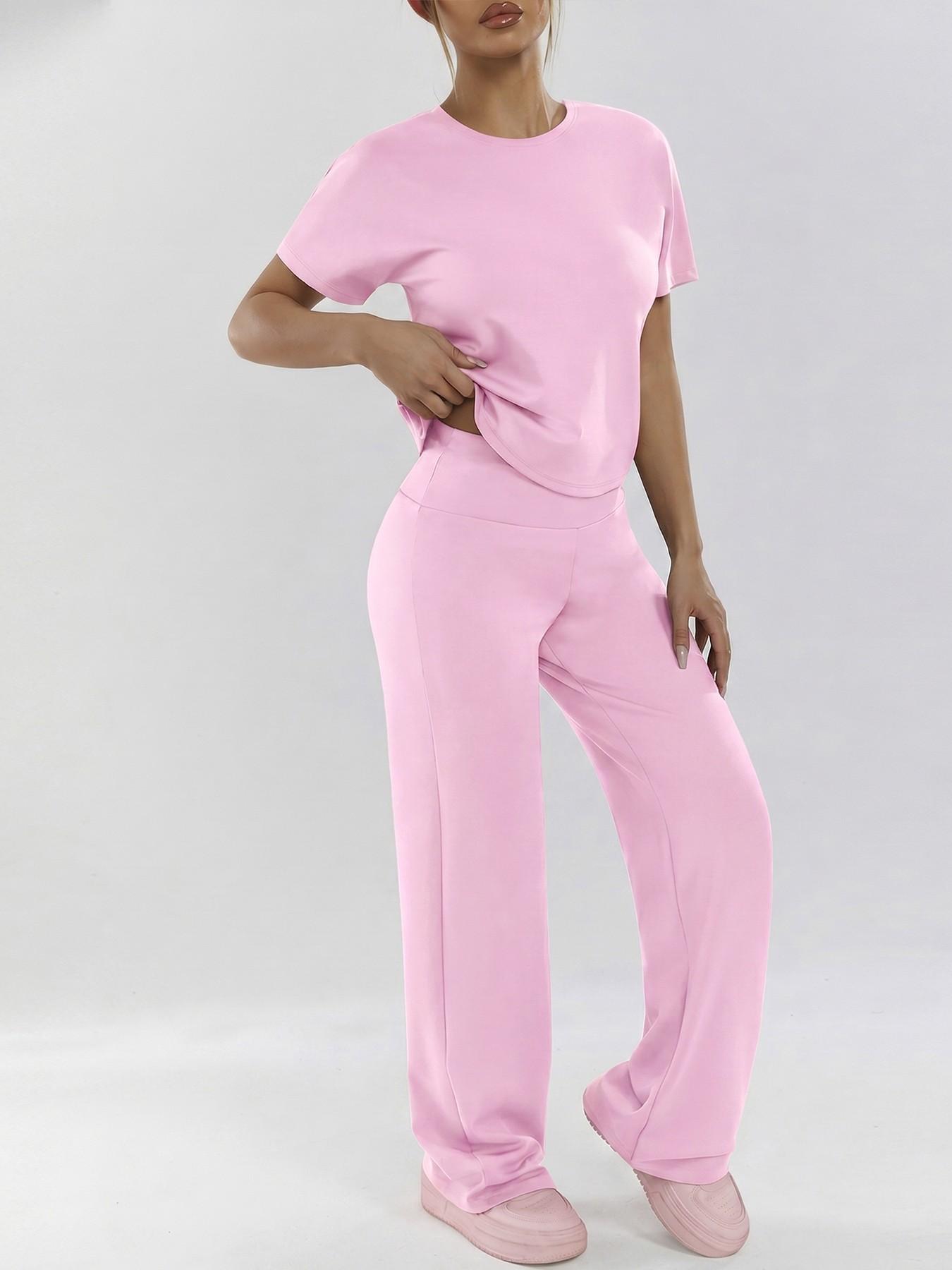 Women's Two-Piece Set, Loose-Fit Short Sleeve Top & High Waist Wide-Leg Pants, Breathable Fabric, Ideal for Yoga, Gym & Running, Athleisure Gym Clothes, Casual Activewear Set, Loose Casual Athleisure