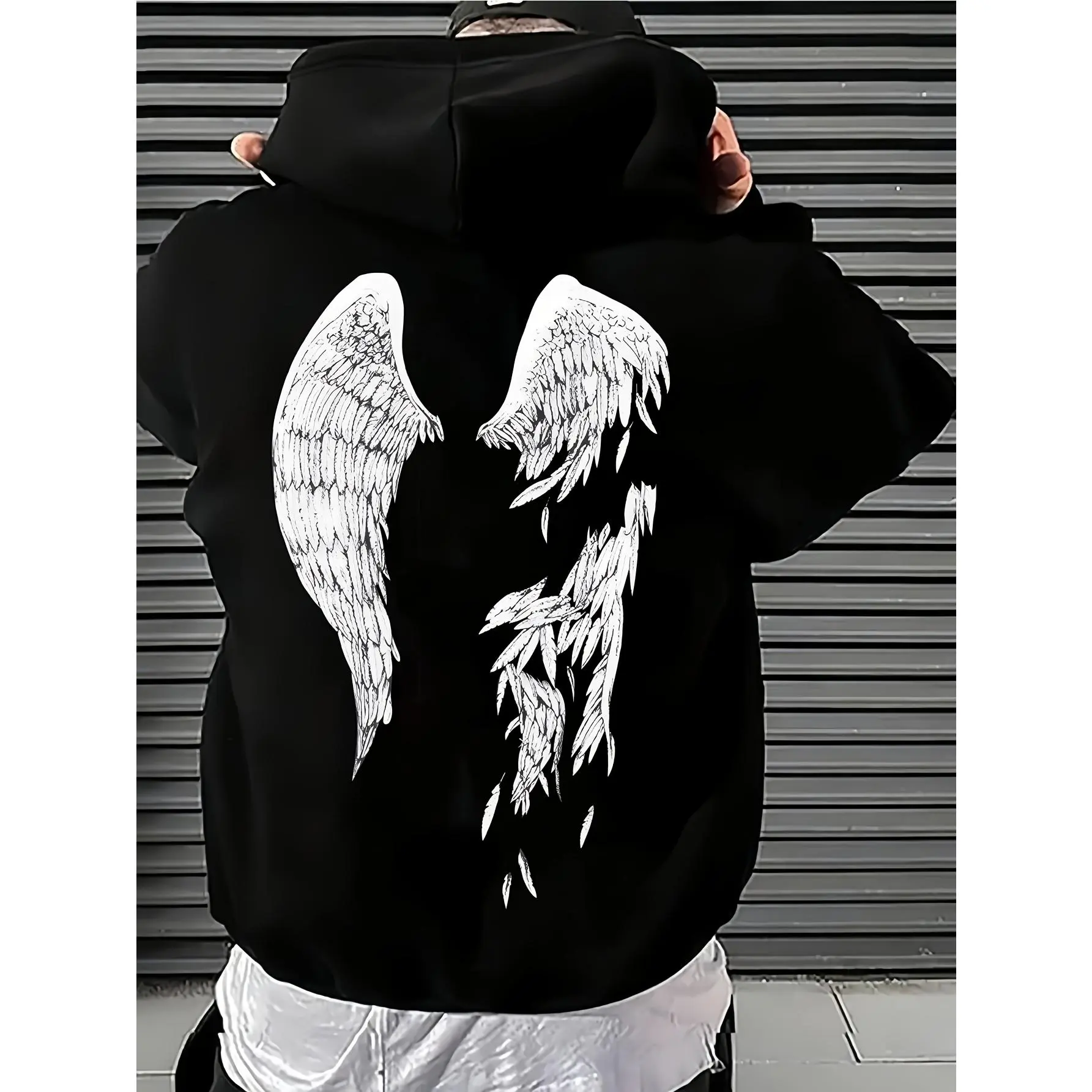 Broken Falling Angel Wings Back‑Print Hoodie, Vintage Distressed Asymmetrical Wing Graphic Hooded Sweatshirt, Dark Aesthetic Street‑wear Casual Loose‑Fit Unisex Pullover Outerwear In Black And White