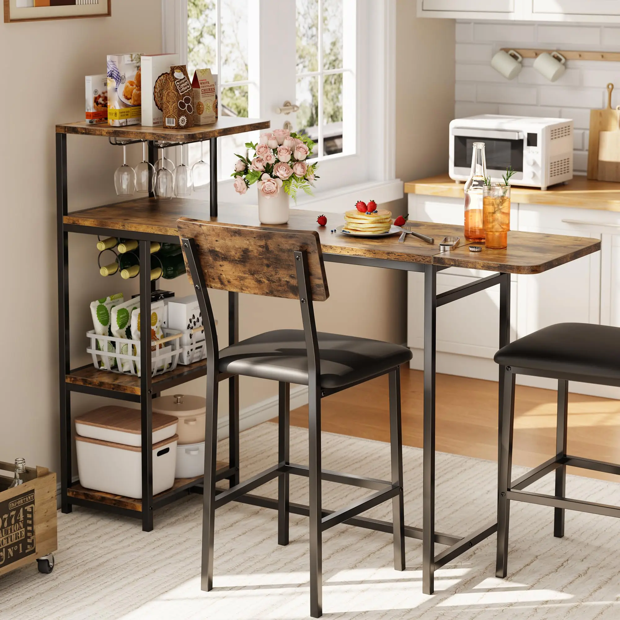 3PCS Bar Table Set for 2, Expandable Kitchen Dining Table with 2 Stools, Counter Height Bar Table and Chair Set with Storage Shelf & Wine Rack