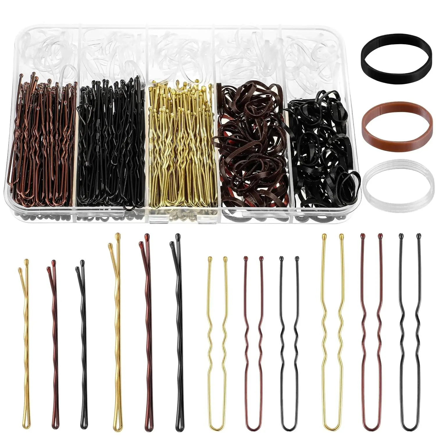 480 Pcs Bobby Pins Kit, U Shaped Hair Pins for Buns, Hair Rubber Bands with Box, 2/2.36/2.76inch Black Brown Blonde Hair Pins for Styling