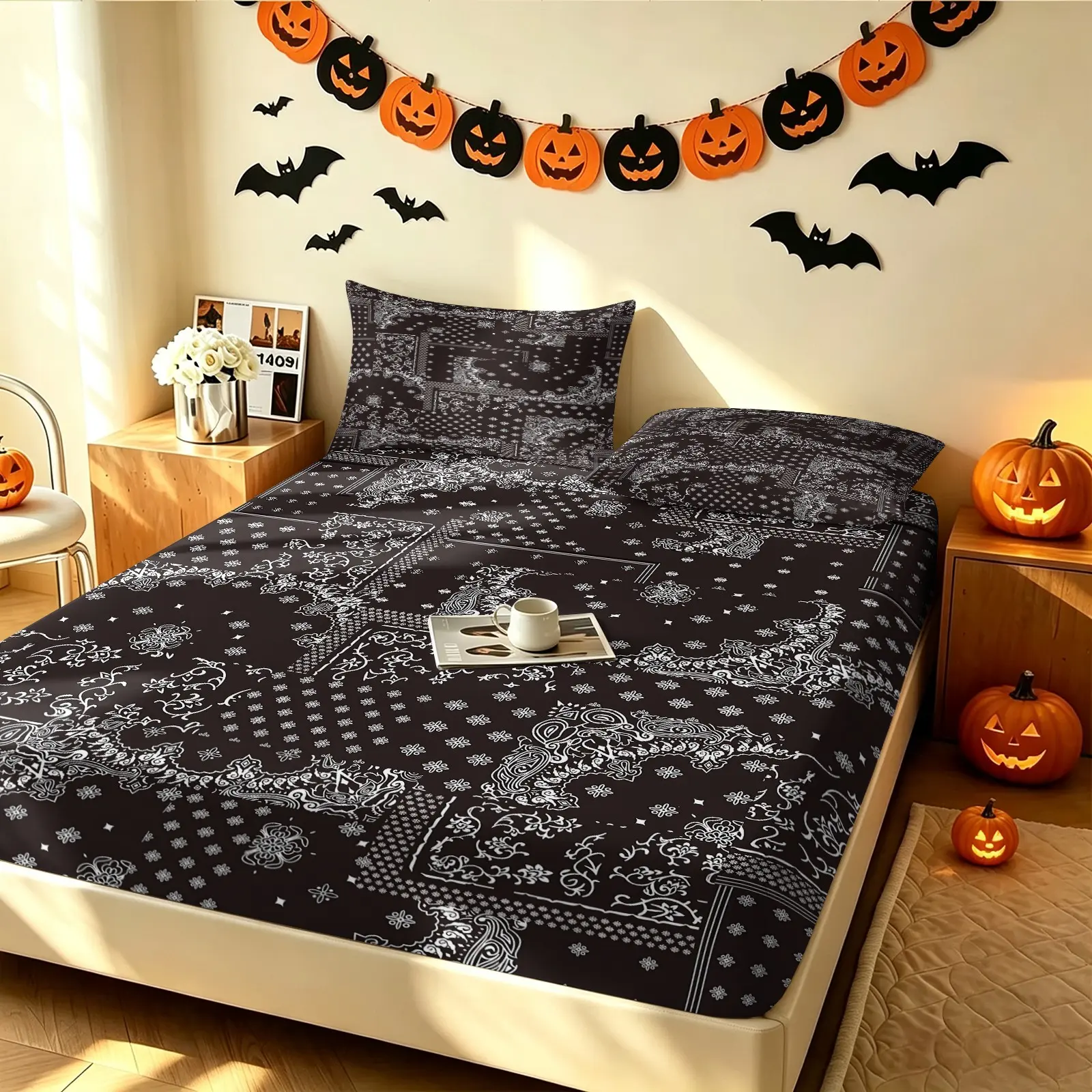 3Pcs Bandana Patchwork Fitted Sheet Set, Black Mattress Cover with White Paisley Patchwork Print, Soft Breathable Fabric for Bedroom, Anti Slip, Machine Washable, Includes 2 Pillowcases, No Pillow Core, Breathable Sheets