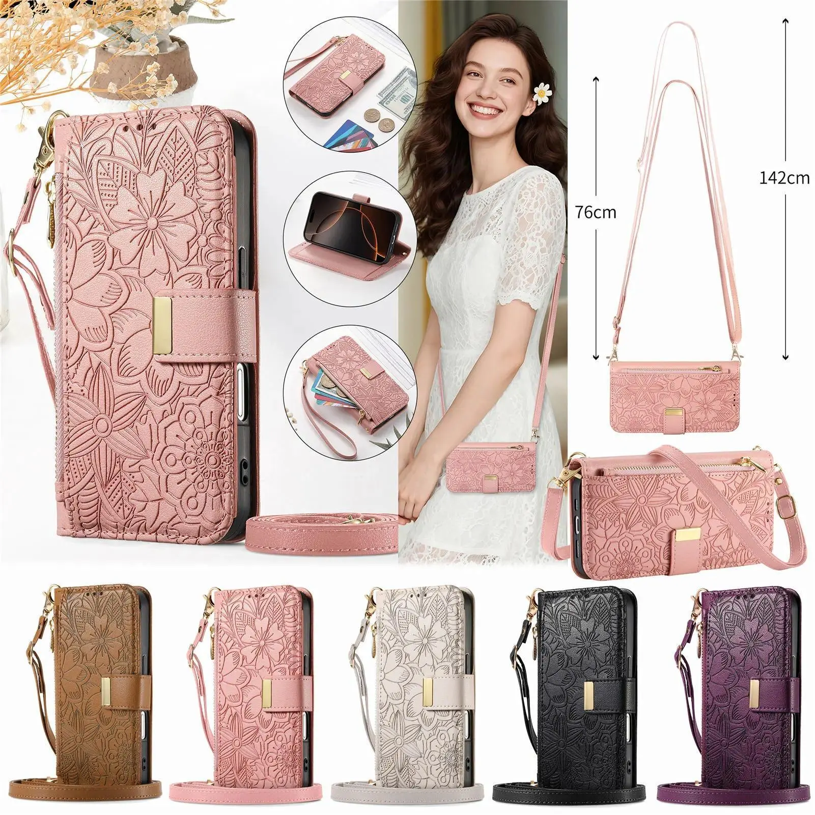 Leather Zipper Crossbody Flip Wallet Card Slot Phone Case For iPhone 16E 16 Plus 15 14 13 12 17 Pro Max Wrist Strap Funda Cover