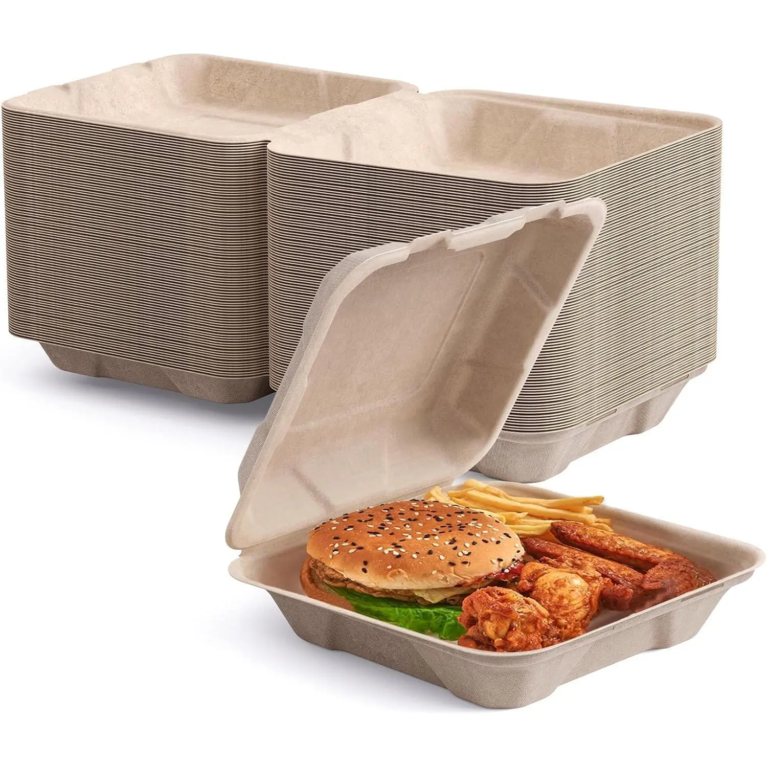 8 Inch 50 Pack Compostable Clamshell Take Out Food Containers Bagasse Plastic Free Disposable To Go Boxes Heavy Duty Leak Resistant for Catering