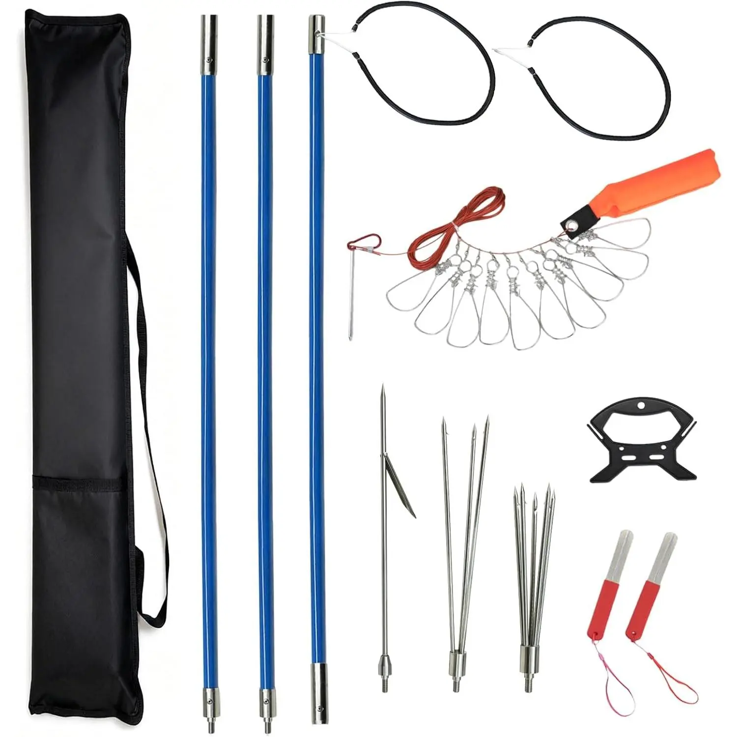 Fiberglass Spearfishing Pole Spear Set with 3 Replaceable Stainless Steel Tips, Fish Line Holder, Sharpening Files and Carry Bag for Outdoor Fishing