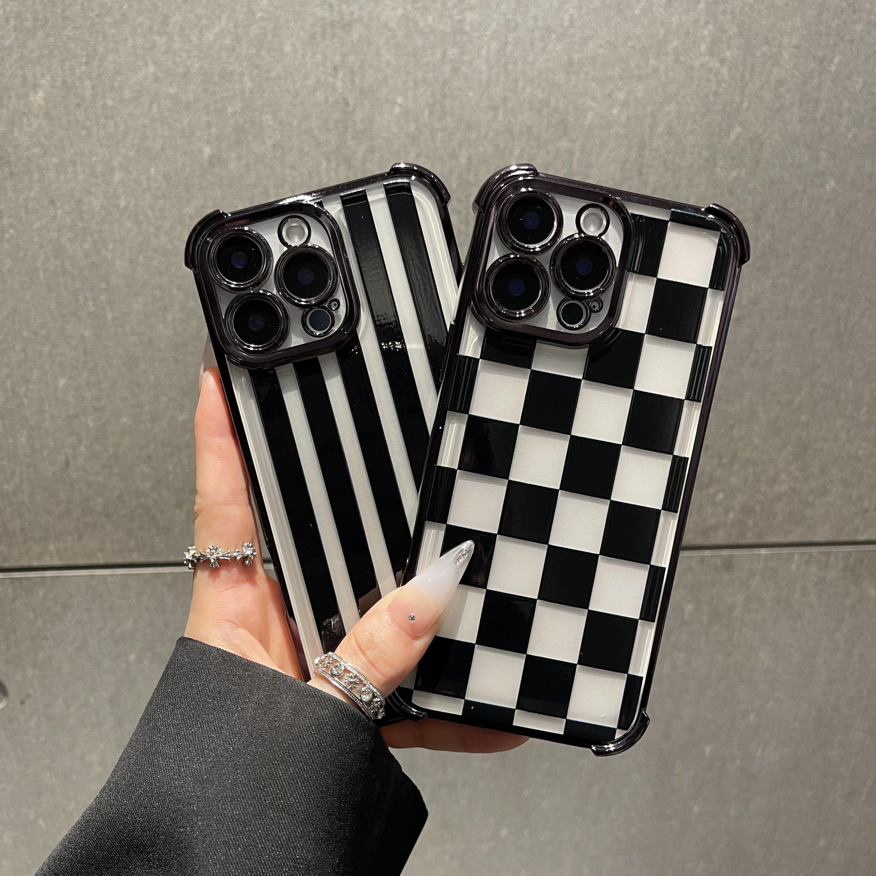 Black checkered four-corner drop-proof TPU phone case for iPhone  17 Air 16Pro Max 15 14Plus 13 12 11 XR XS Simple and stylish camera protection Shockproof Anti-Drop Shockproof Drop Protection Durable Phone Case