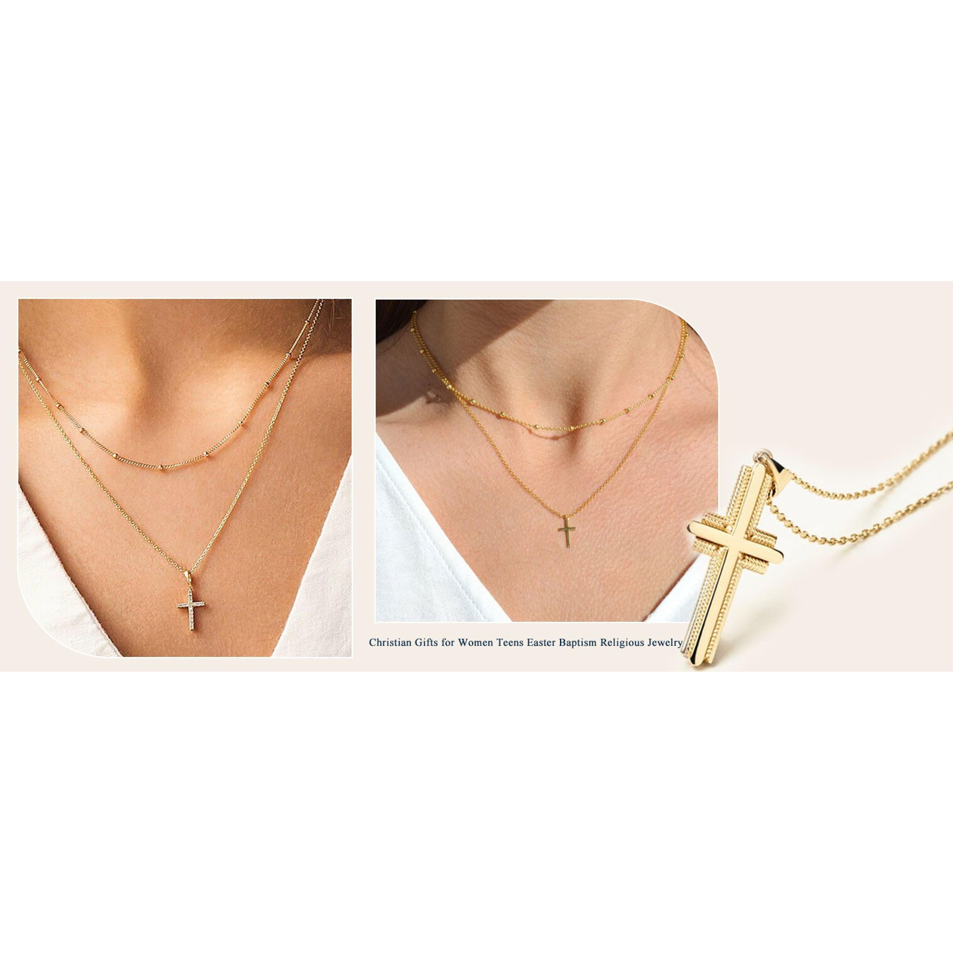 14K Gold Layered Cross Necklaces for Women, Tiny Sideways Cross Necklace, Minimalist Christian Jewelry Gifts for First Communion, Confirmation, Easter, 2Pcs