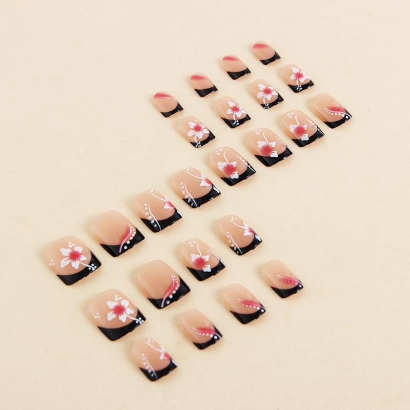 24 pieces short square black French blush flower press on nails press on nail art decals fake nails Flower Design Nails French Tips Nails