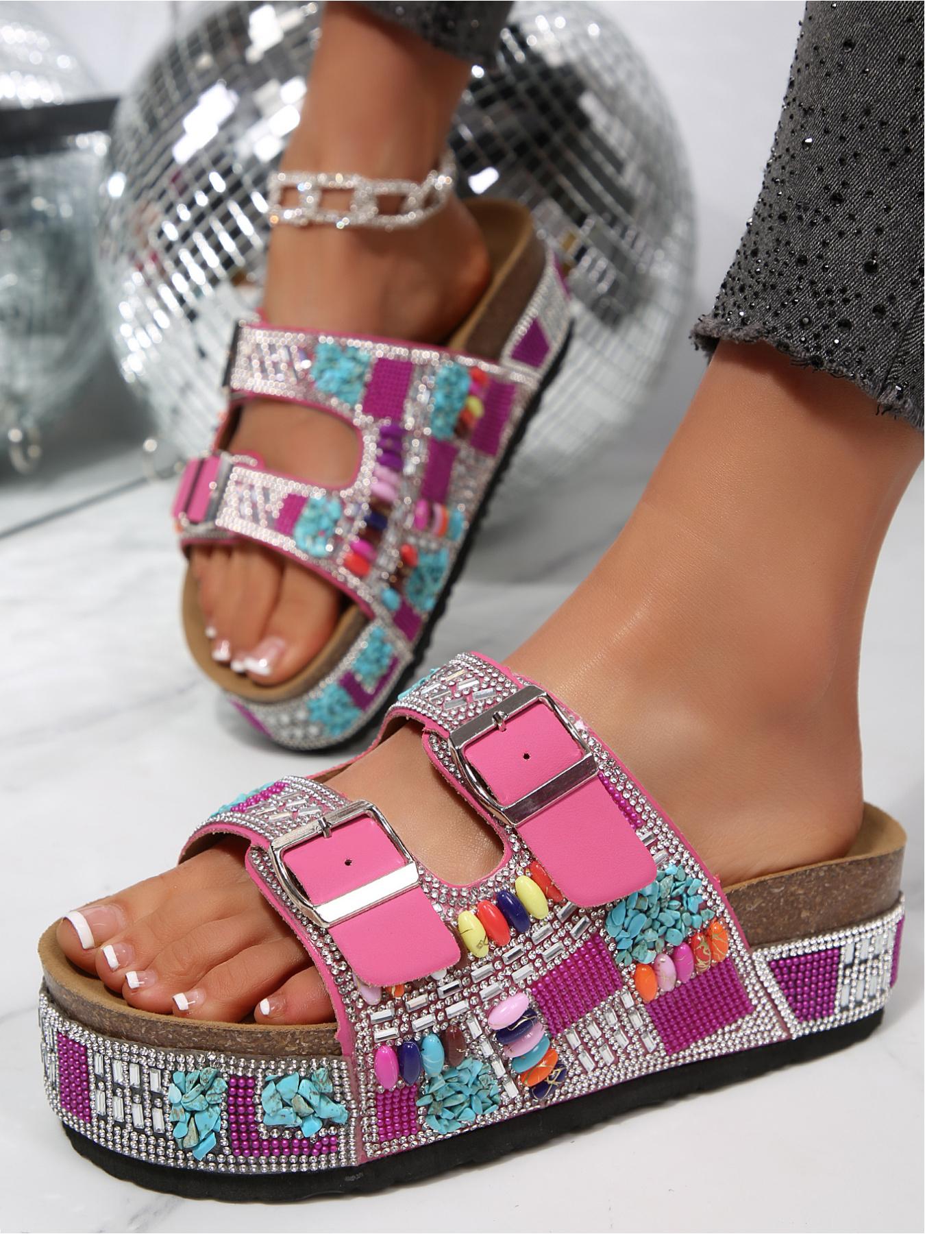 Bohemian Ethnic Style Strappy Metal Buckle Height-Increasing Holiday Beach Shoes, Dopamine Colors Y2K Hot Girl Must-Have Full Rhinestone Thick Sole Slides Women's 2026 New Summer Fashion Thick Sole Sandals