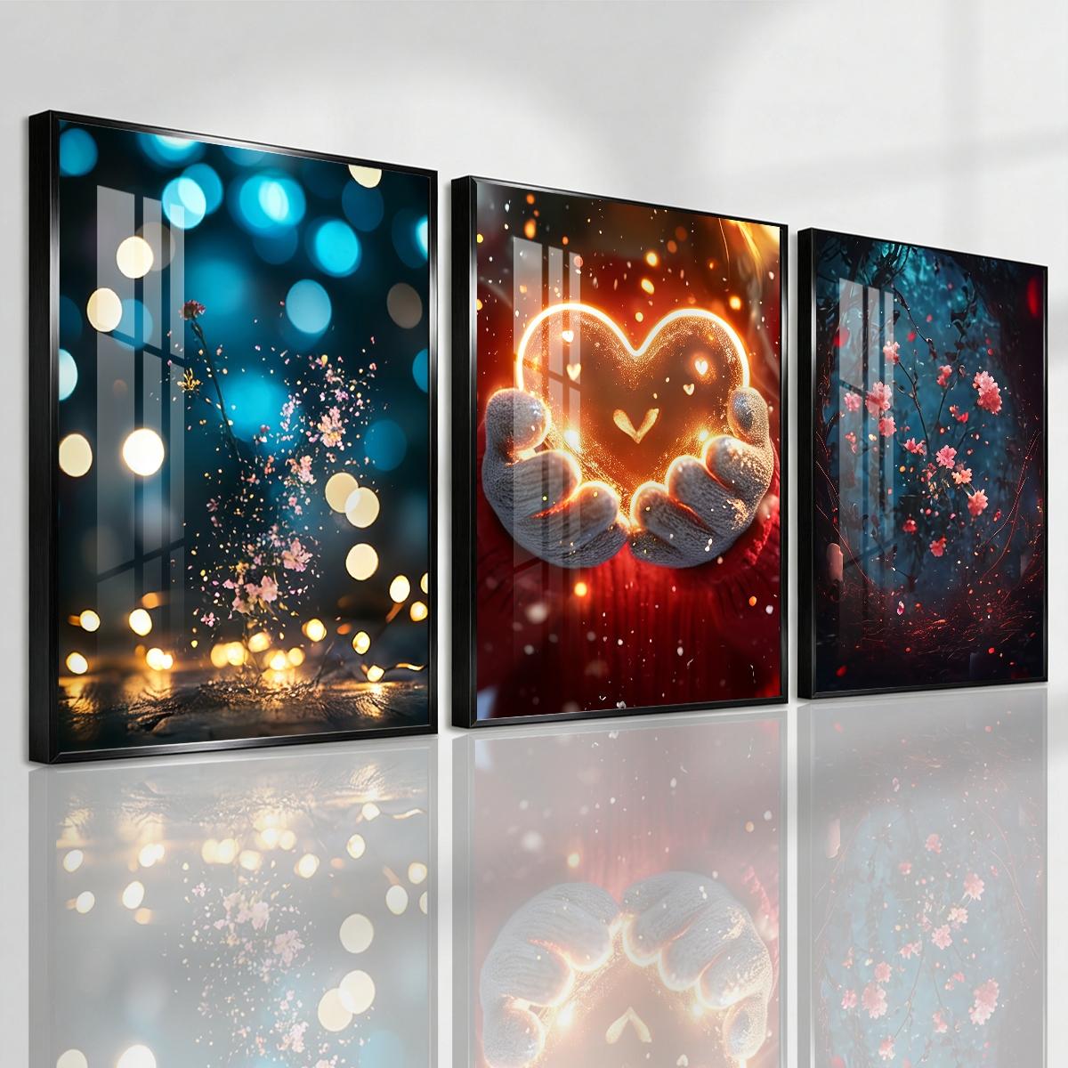 3 Counts Aluminum Alloy Framed Painting, Glowing Heart And Blooming Flowers Pictures, Home Decoration For Living Room, Bedroom, Office, Restaurant, Hallway Wall Decor, Odorless Print Artwork, Luxury Perfect Gift For Friends And Family