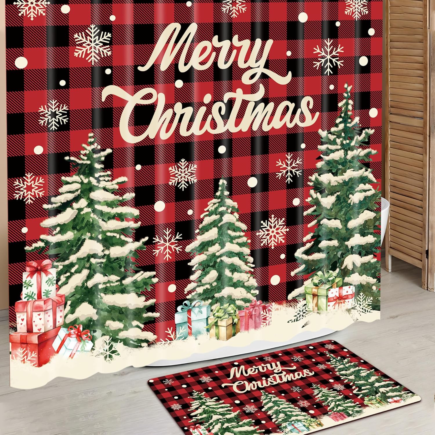 4 Pcs Christmas Shower Curtain Set Red Buffalo Plaid Bathroom Sets with Non-Slip Rugs Toilet Lid Cover Bath Mat with 12 Hooks Christmas Tree Shower Curtain for Xmas Winter Holiday Bathroom Home Decor