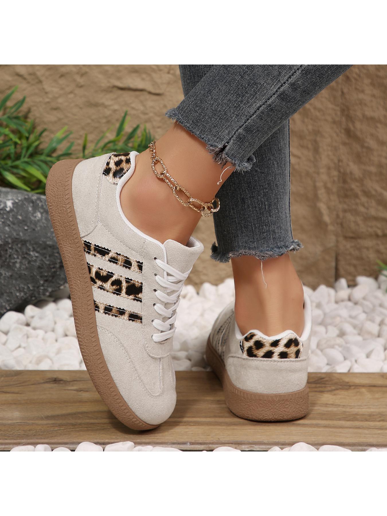 Women's 2.5cm Platform Leopard Print Sneakers, Black/Beige, Retro 3-Stripe Casual Shoes