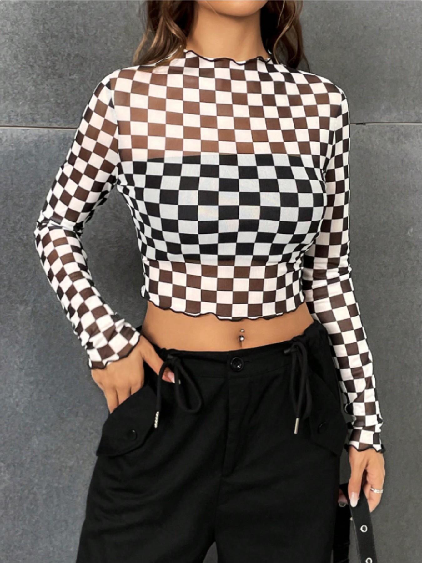 Women's & Plaid Long Sleeve Top, New Style Slim Fit Short Shirt, Casual Inner Layer, Fashionable Chessboard Pattern Tee