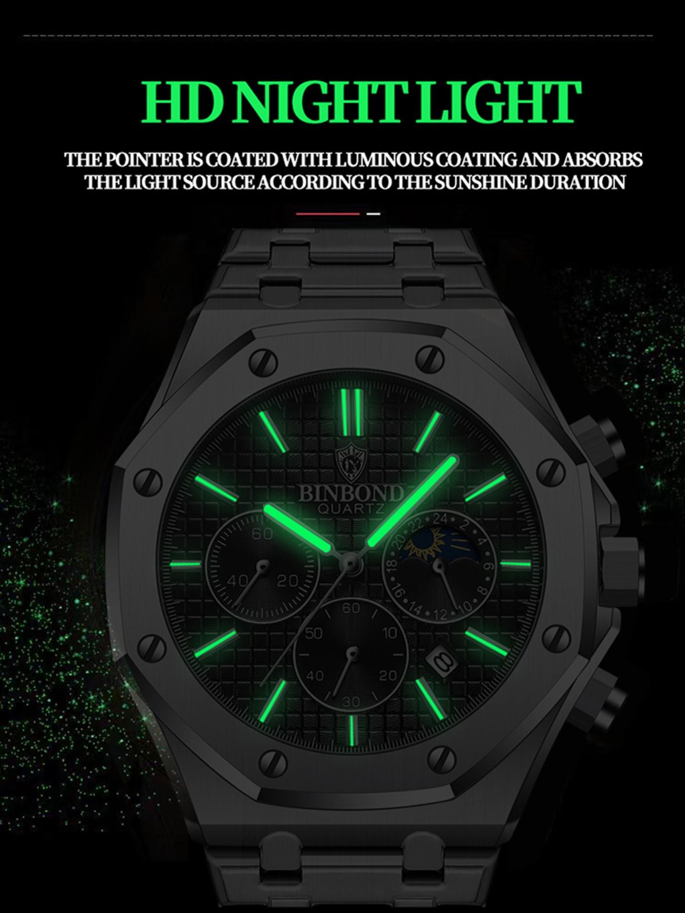 BINBOND Top Brand BO161 Men's Casual Watch Luminous Stainless Steel, Waterproof Men's Date Calendar Clock, Casual Business Round Dial Quartz Watch for Men, Fashion Stainless Steel Watches for Parties and Daily Wear, Versatile with Box