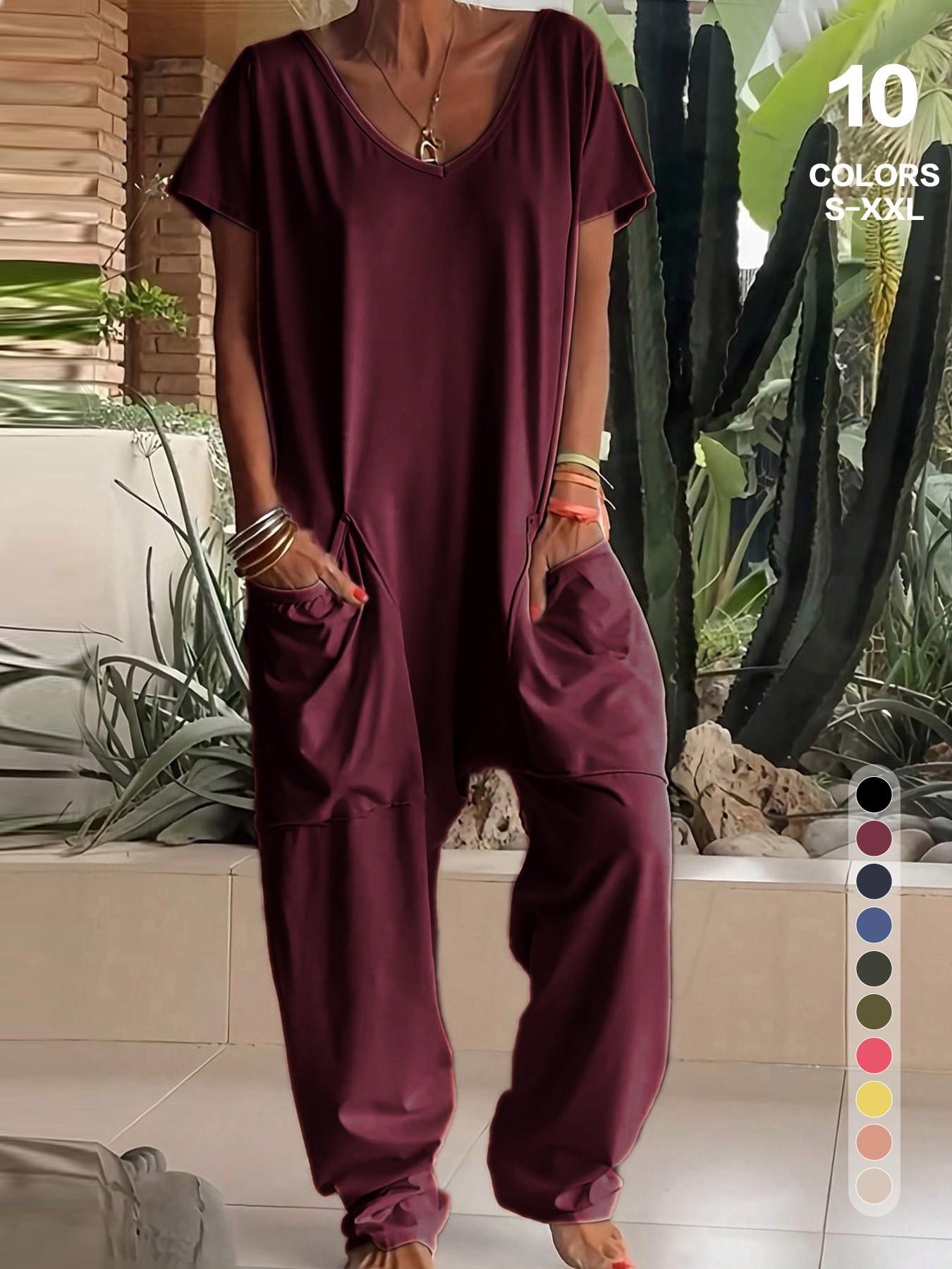 Women's Casual Basic Jumpsuit, Short Sleeve V-Neck Design, Loose Fit Wide-Leg Romper, All Season Wear, Plain Pattern, with Pockets, Womenswear Women's Casual Basic Jumpsuit, Short Sleeve V-Neck Design, Loose Fit Wide-Leg Romper, All Season Wear, Plain Pattern, with Pockets, Womenswear