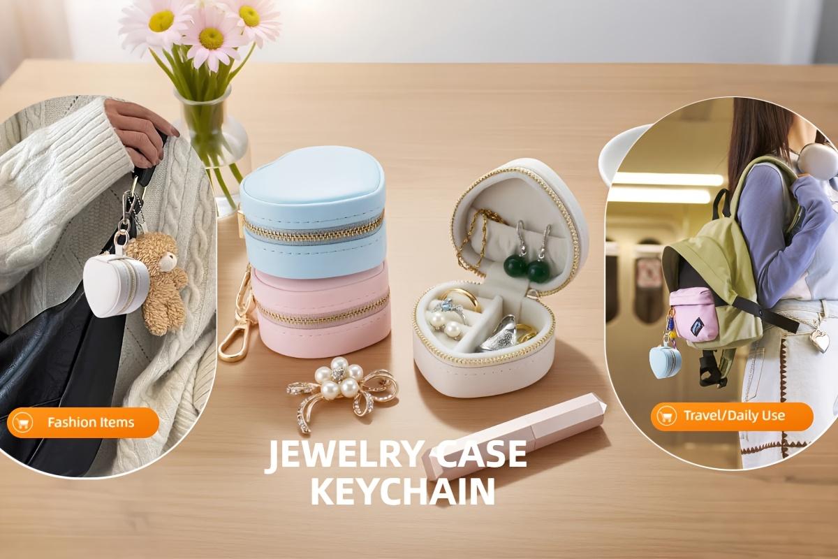 1 PC mini jewelry box heart-shaped jewelry storage box with key chain zipper closure design convenient jewelry box.