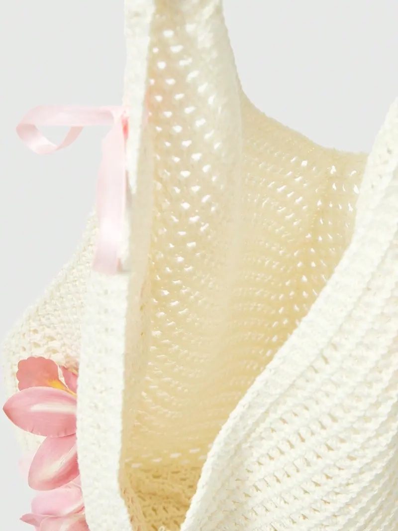 Hollow Out Knit Floral Embellished Aesthetic Tote Bag, Orchid Flower Ribbon Decoration, Large Capacity Shoulder Bag for Fall Winter Beach Vacation