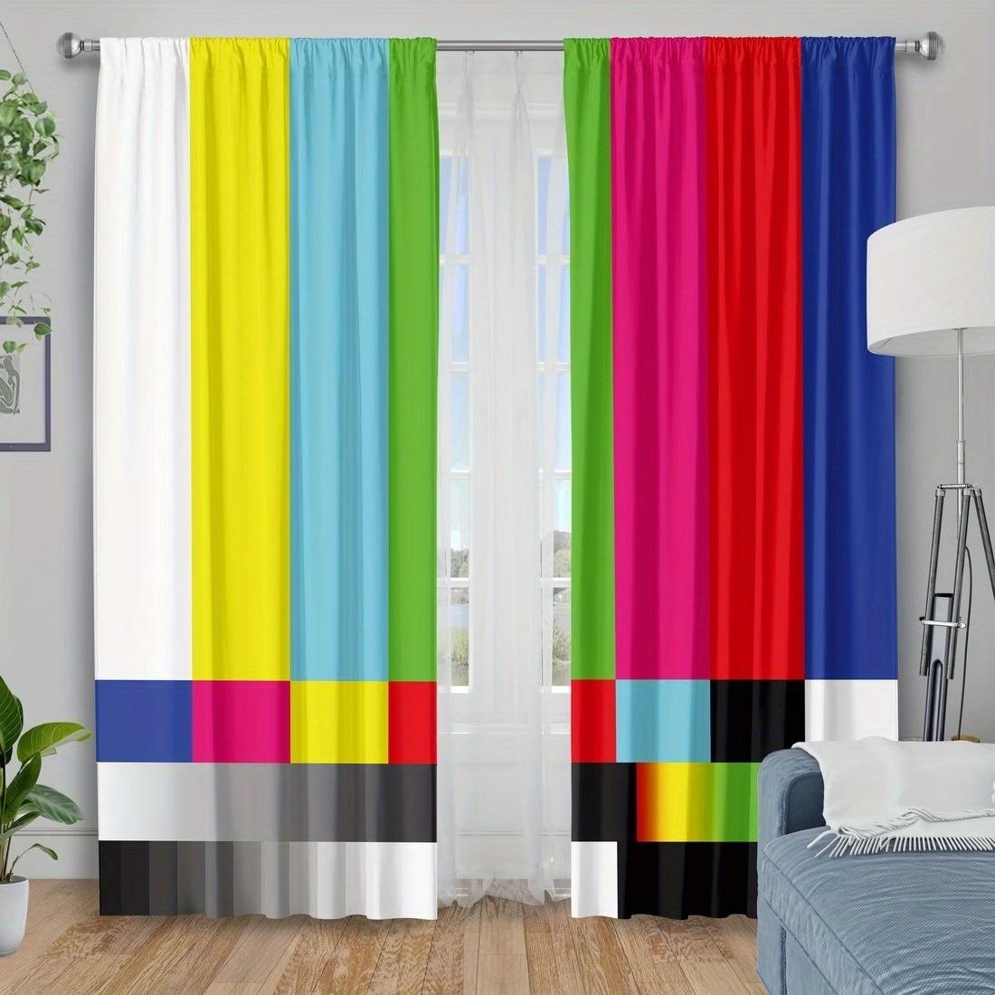 2 Piece Rainbow Stripe Curtains, Thermal Half-Opacity, Polyester, Bedroom Living Room Kitchen Decor, Birthday Gift, Apartment Balcony Curtain