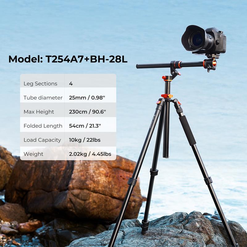 【K&F CONCEPT】 90 inch/230cm Ultra High Camera Tripod,Horizontal Overhead Shooting Travel Tripods with Metal Ball Head 10KG Load Capacity,Detachable Monopod, for Indoor and Outdoor Use T254A7+BH-28L
